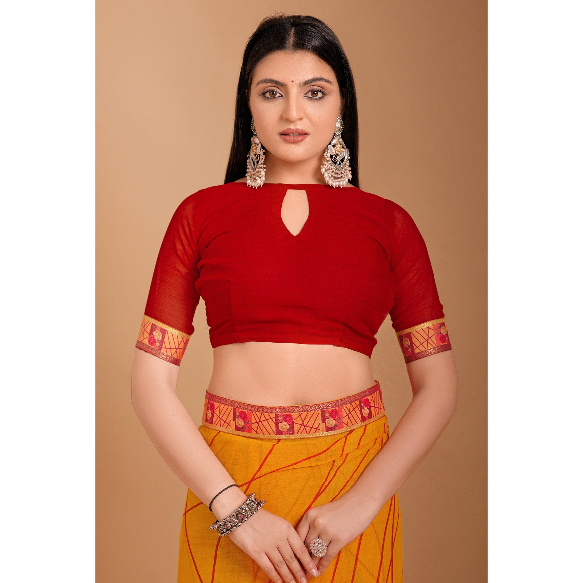 Mustard Geometric Printed Chiffon Saree