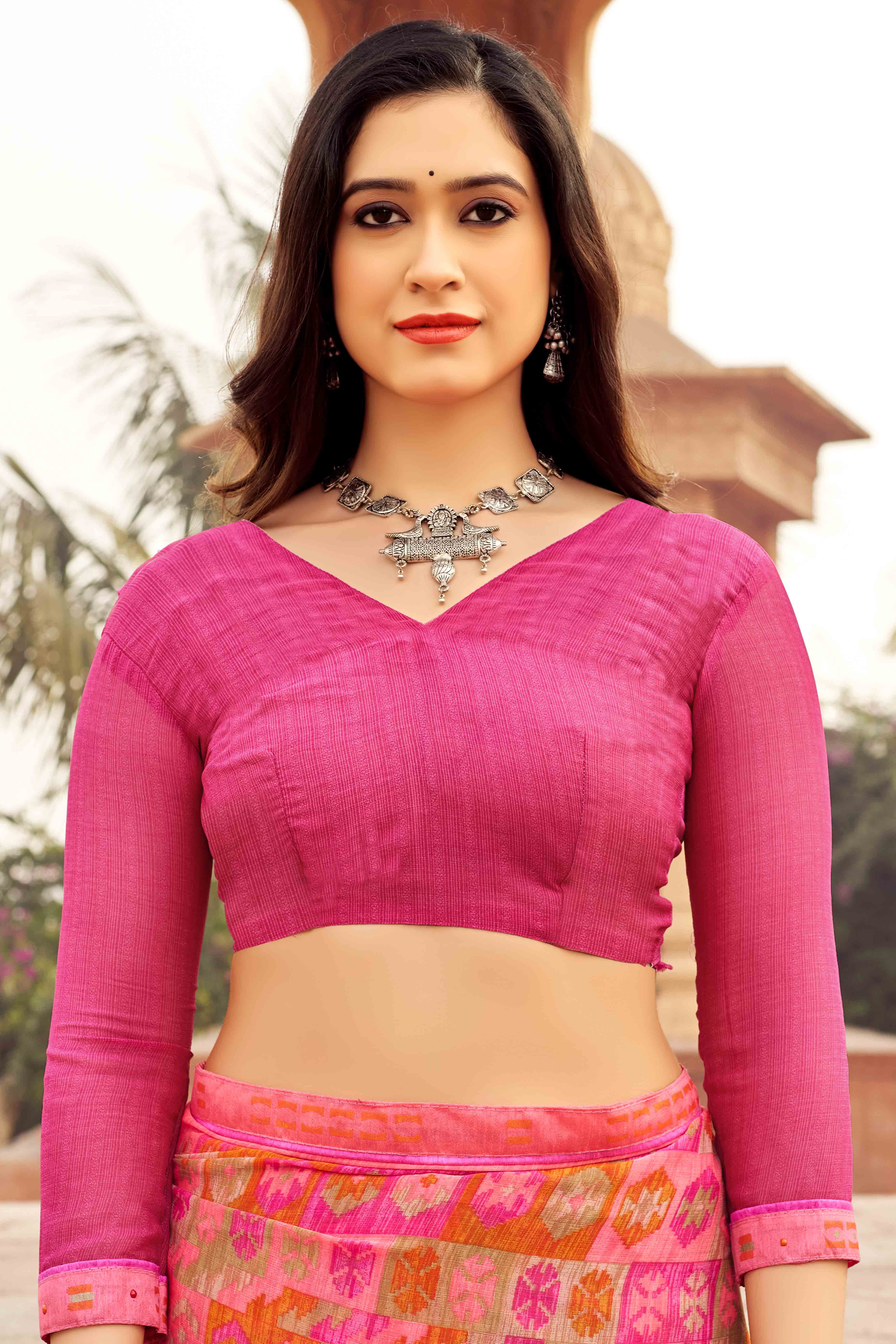 Pink Abstract Printed Chiffon Saree