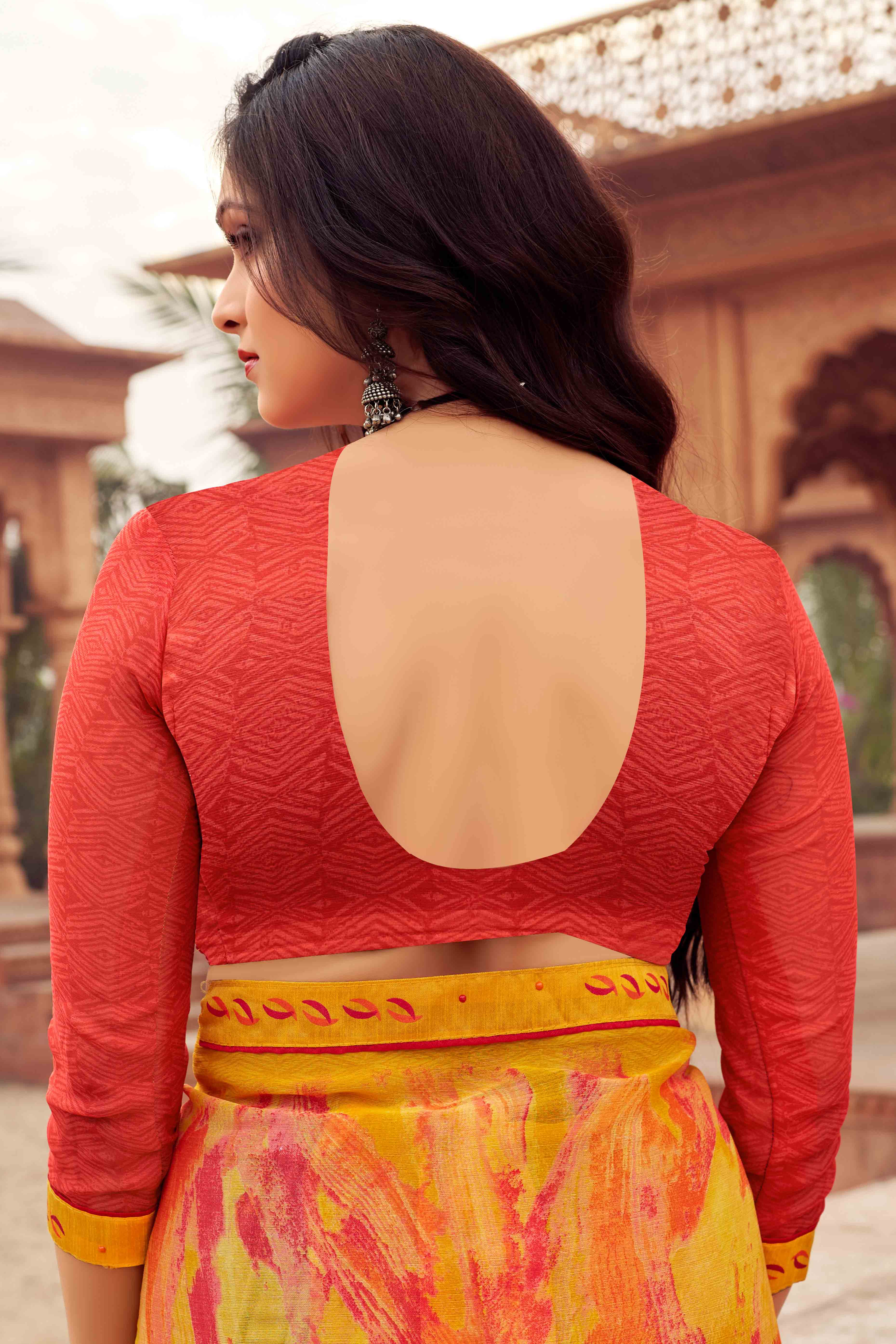 Yellow Abstract Printed Chiffon Saree