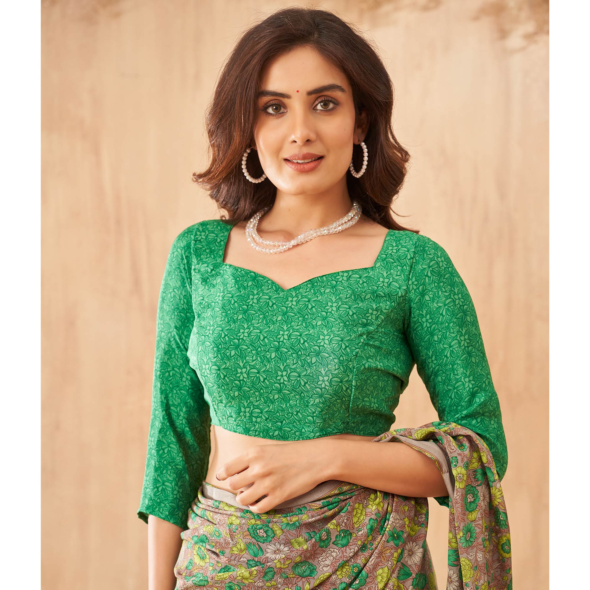 Green Floral Printed Crepe Saree