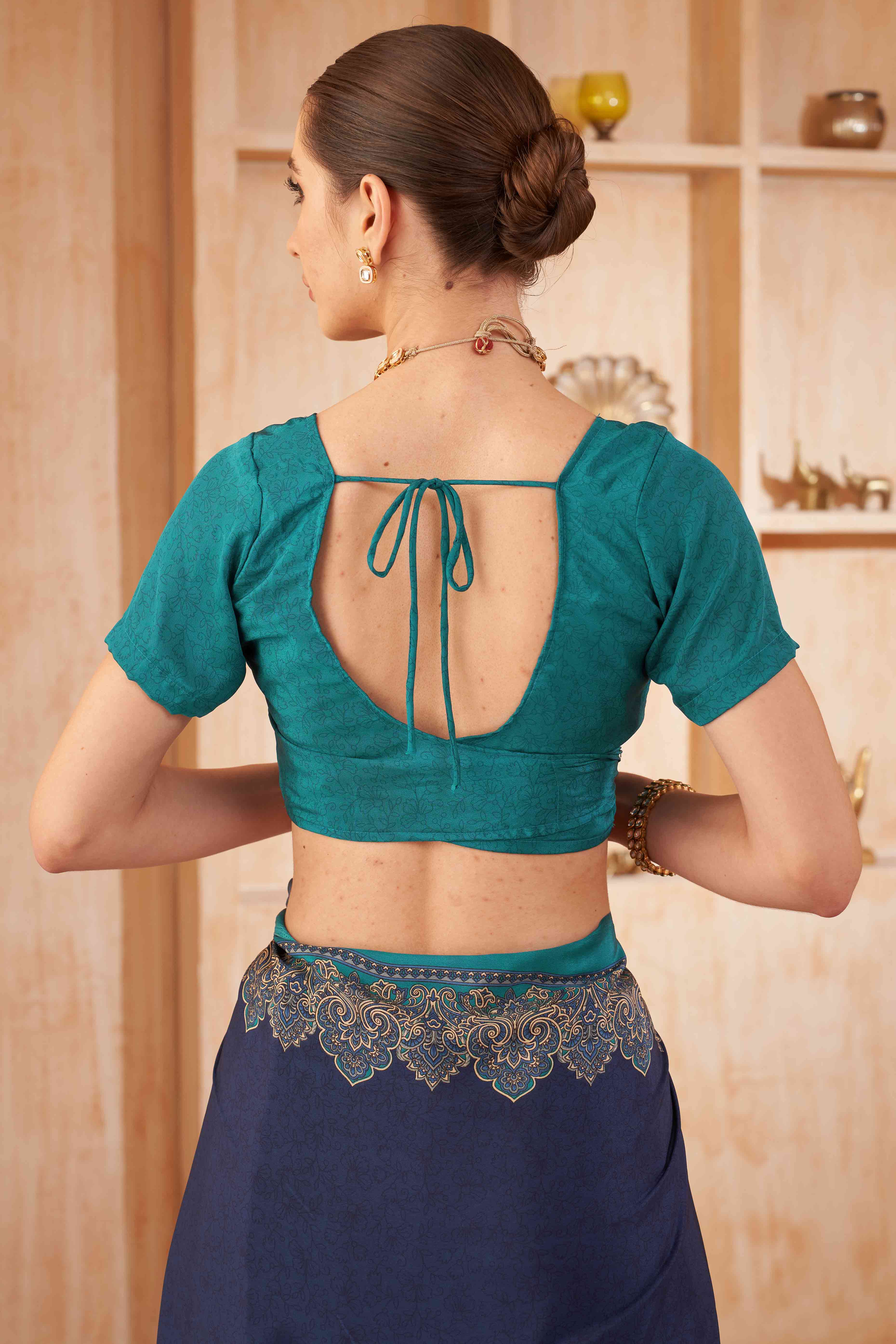 Navy Blue Floral Printed Crepe Silk Saree