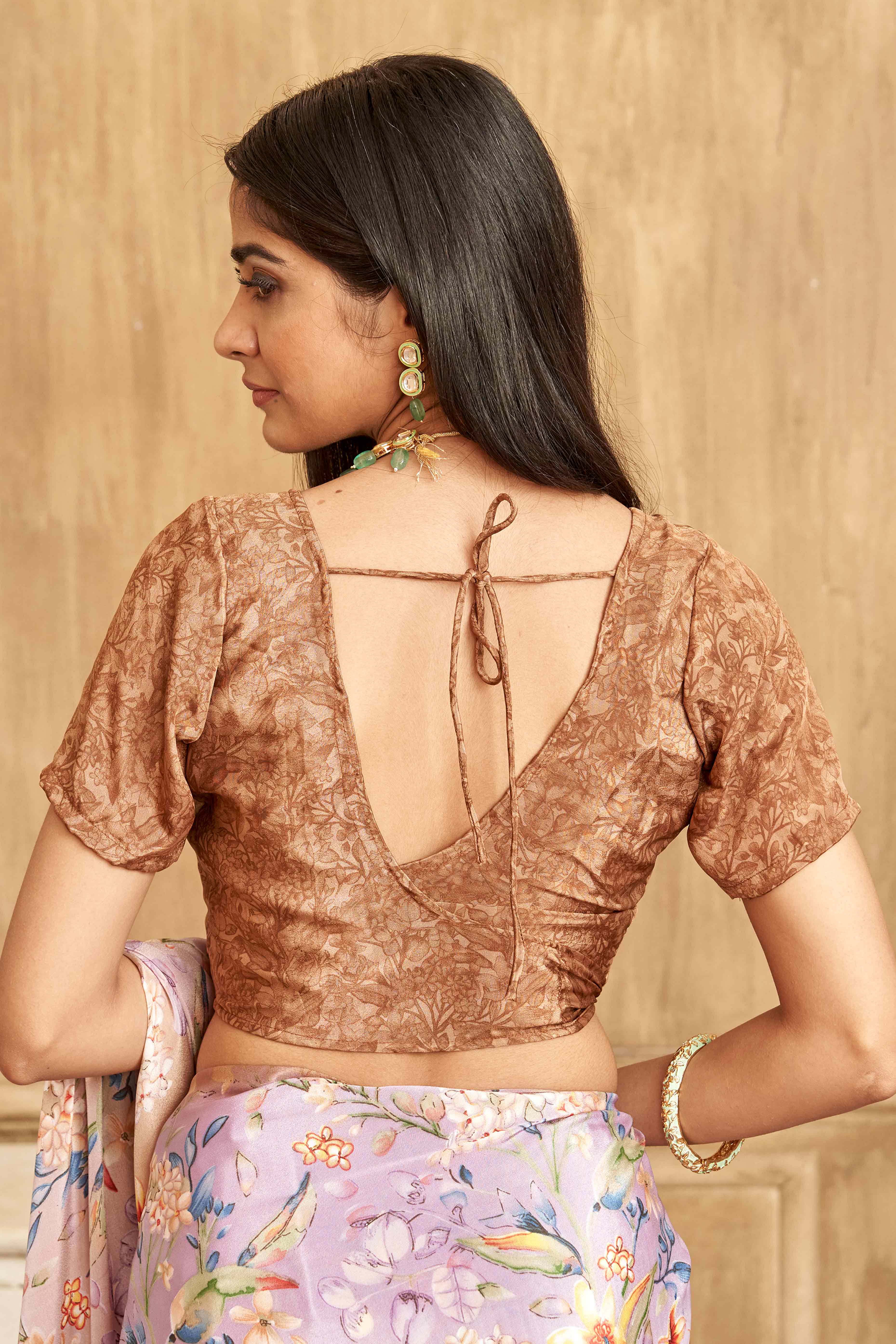 Light Brown Floral Printed Crepe Silk Saree