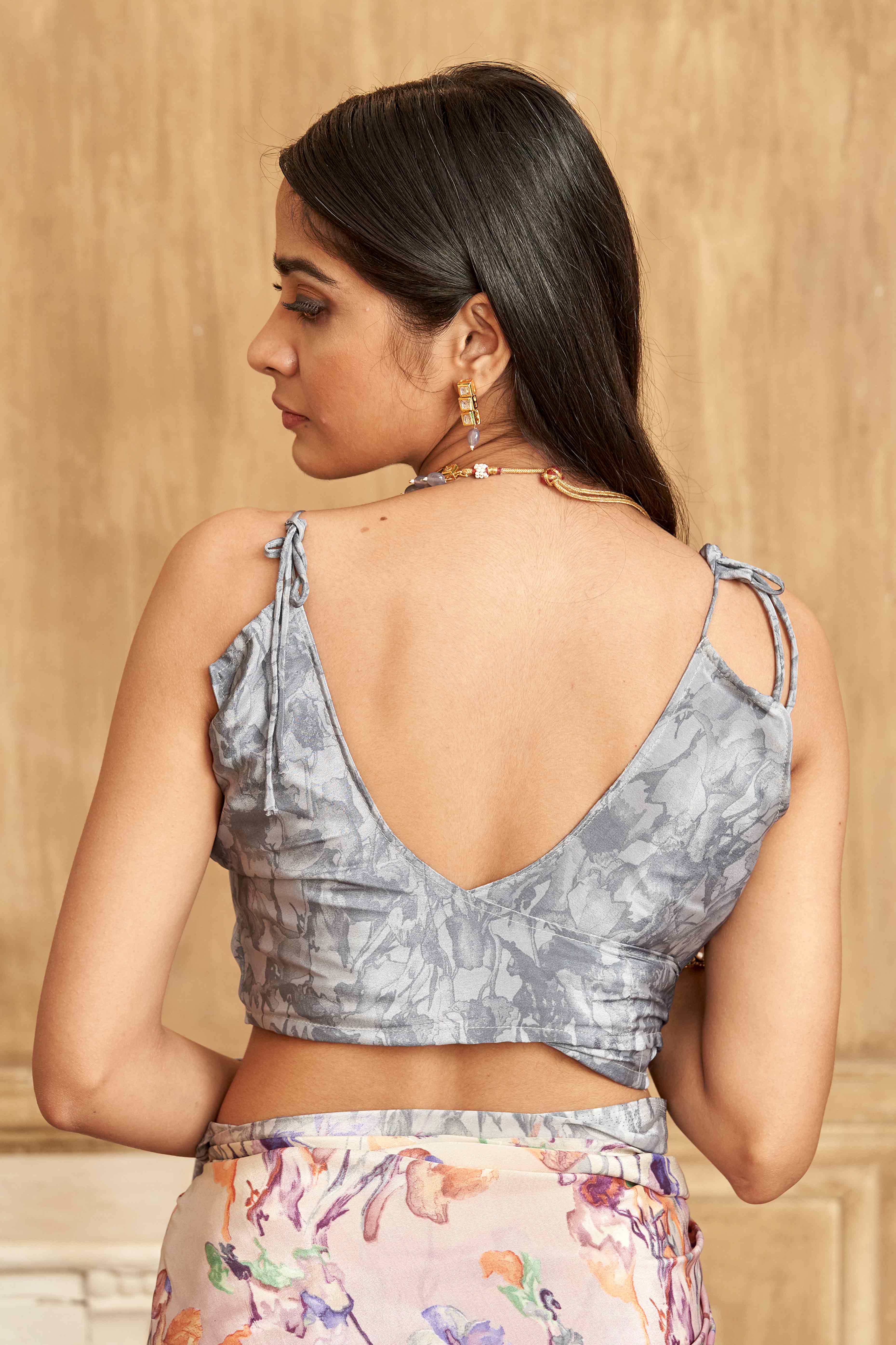 Grey Floral Printed Crepe Silk Saree