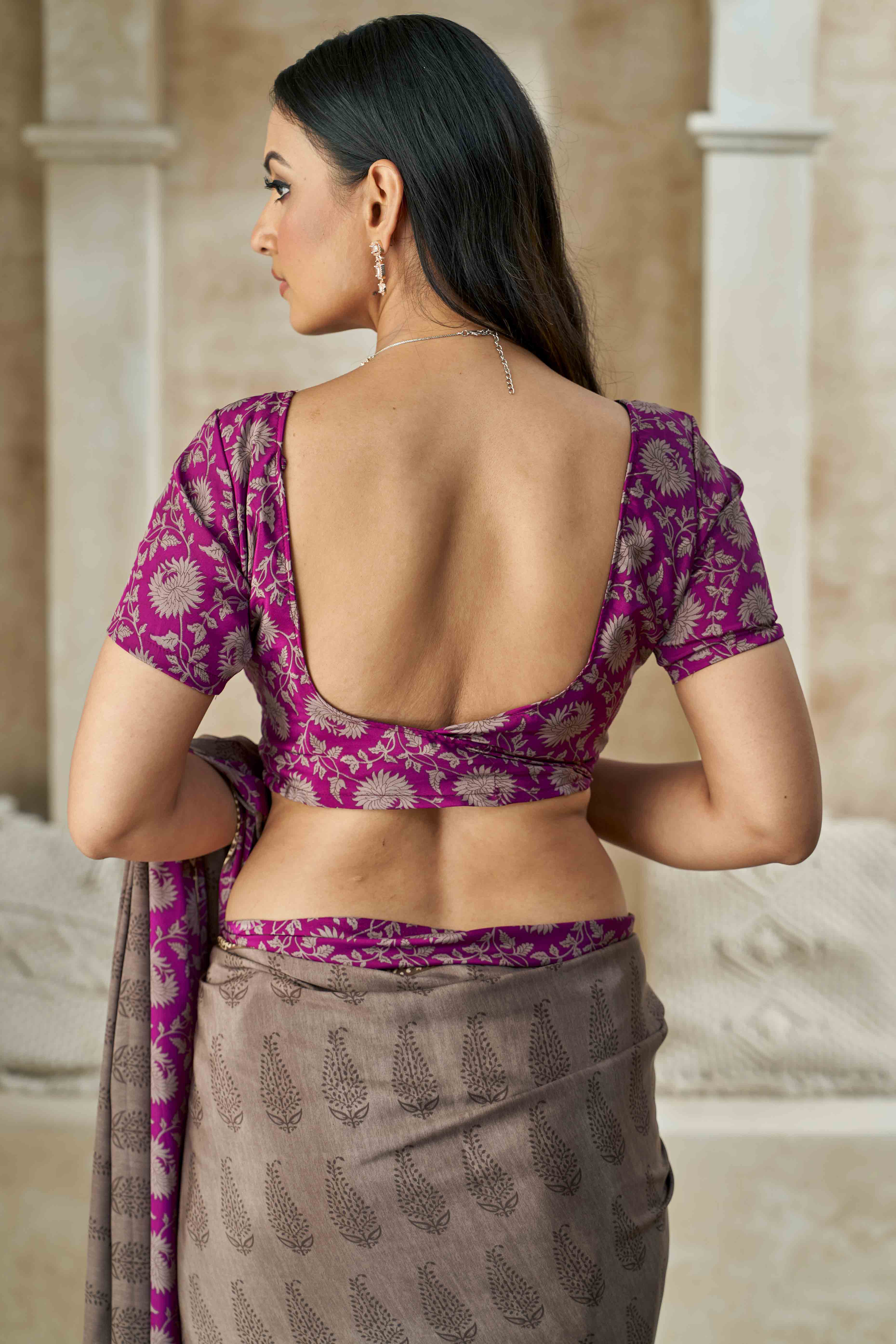 Taupe Crepe Silk Saree With Timeless Floral Print Detailing