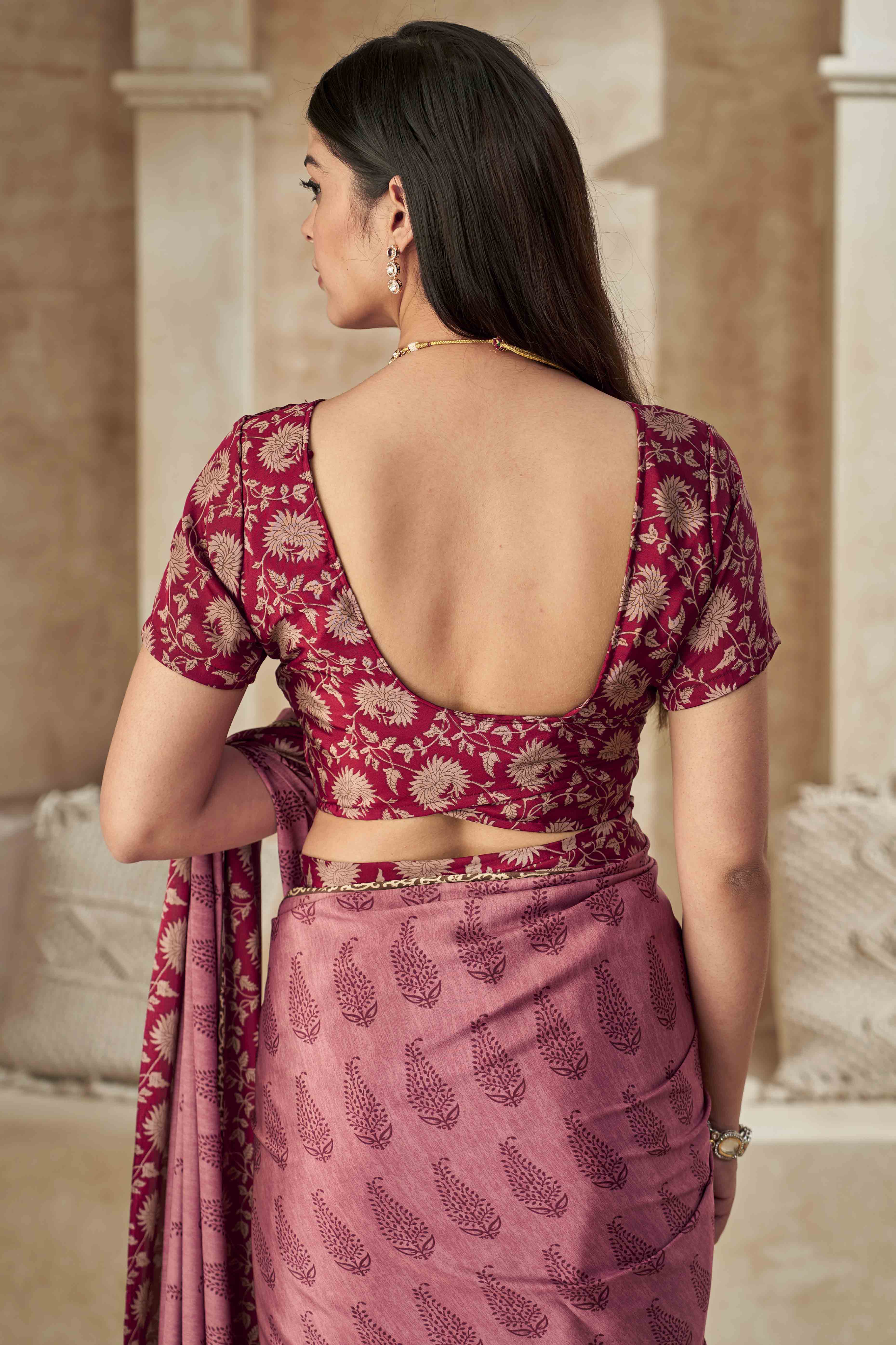Toasted Mauve Crepe Silk Saree With Timeless Floral Print Detailing