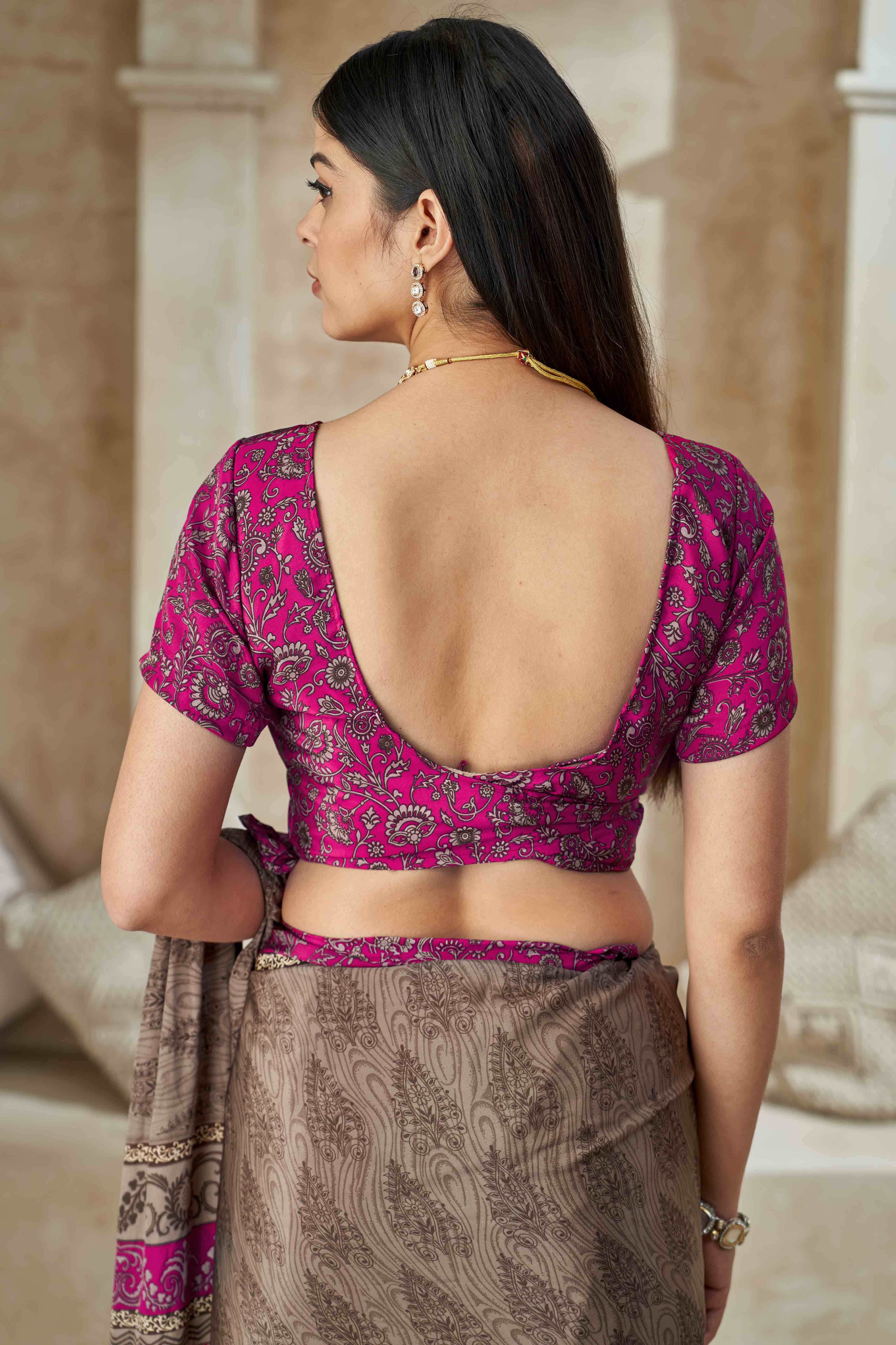 Taupe Crepe Silk Saree With Timeless Floral Print Detailing