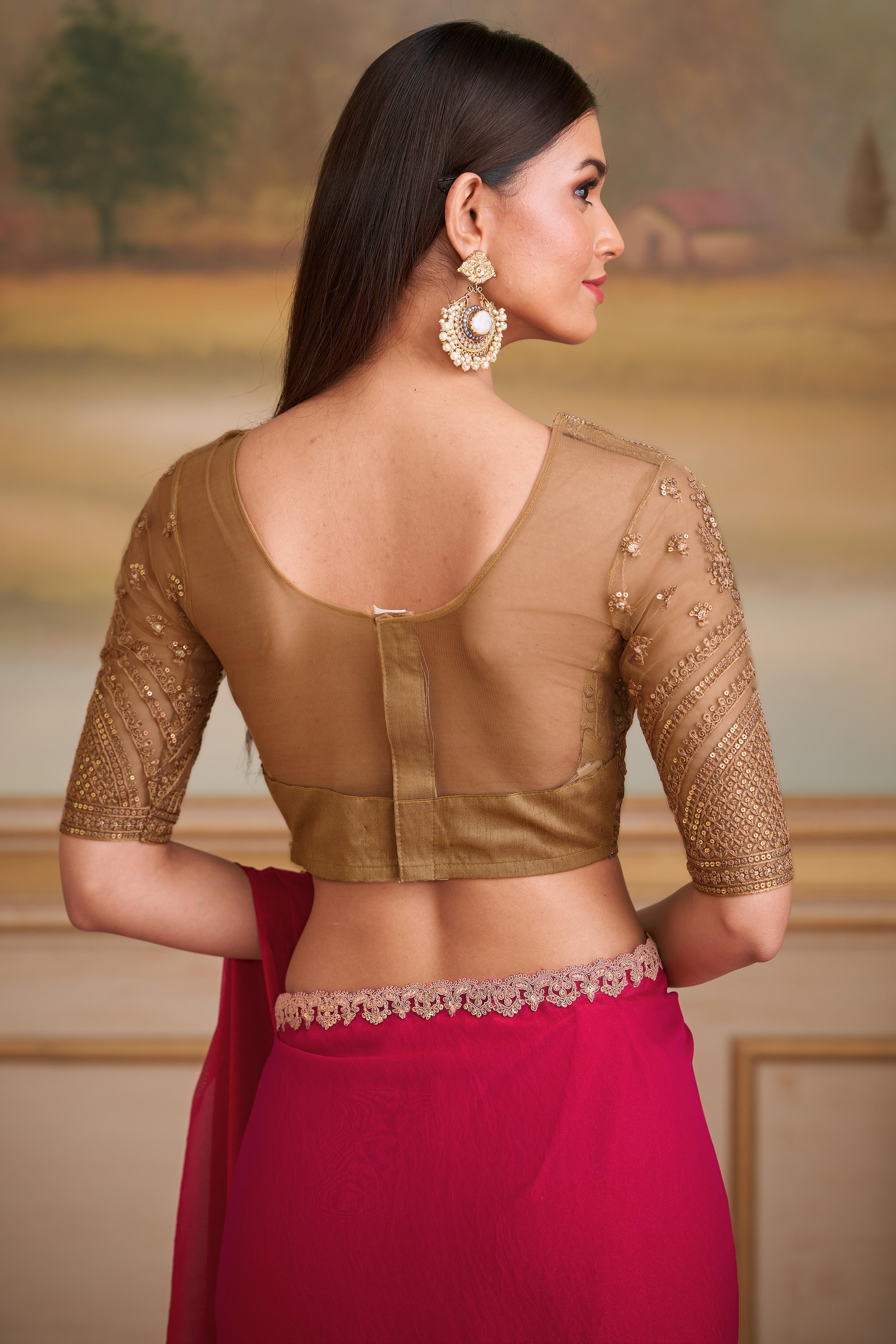 Radiant Cherry Red Shining Georgette Saree Adorned With Floral Sequins Embroidered Lace Border