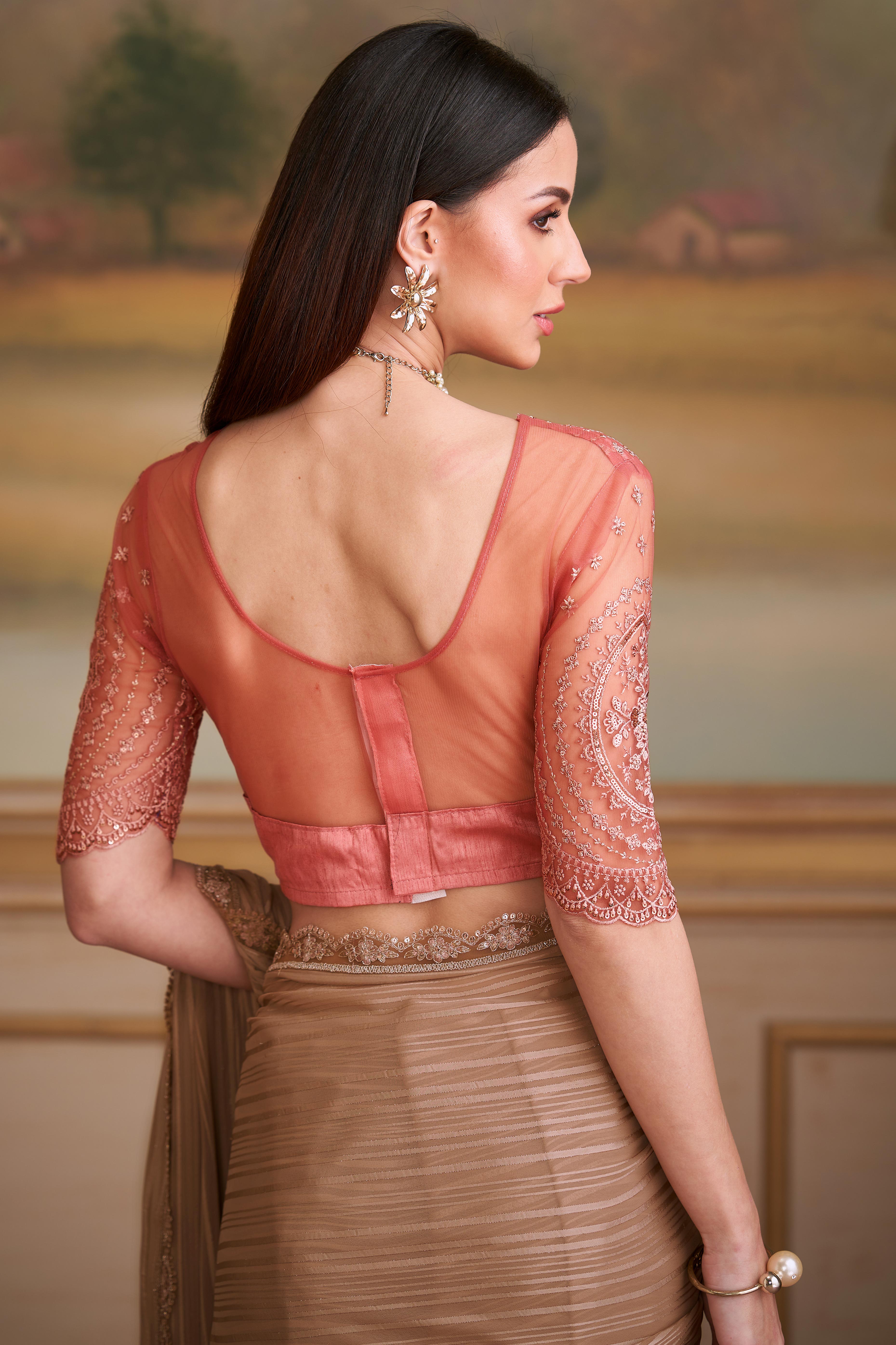 Timeless Chikoo Satin Stripe Pattern Georgette Saree With Floral Sequins Embroidery Lace Border