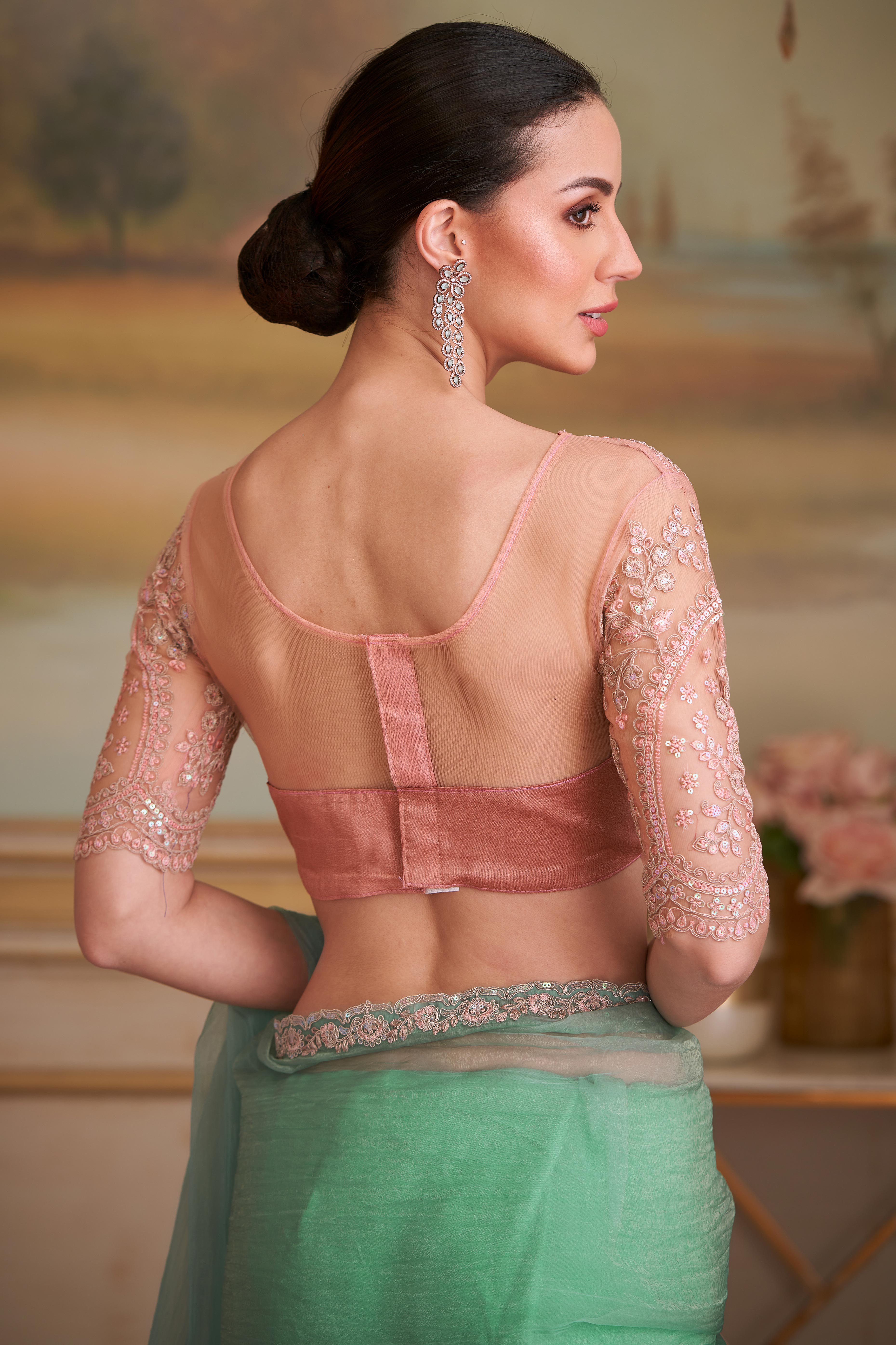 Stylish Sea Green Tissue Crush Georgette Saree Featuring Floral Sequins Embroidered Lace Border