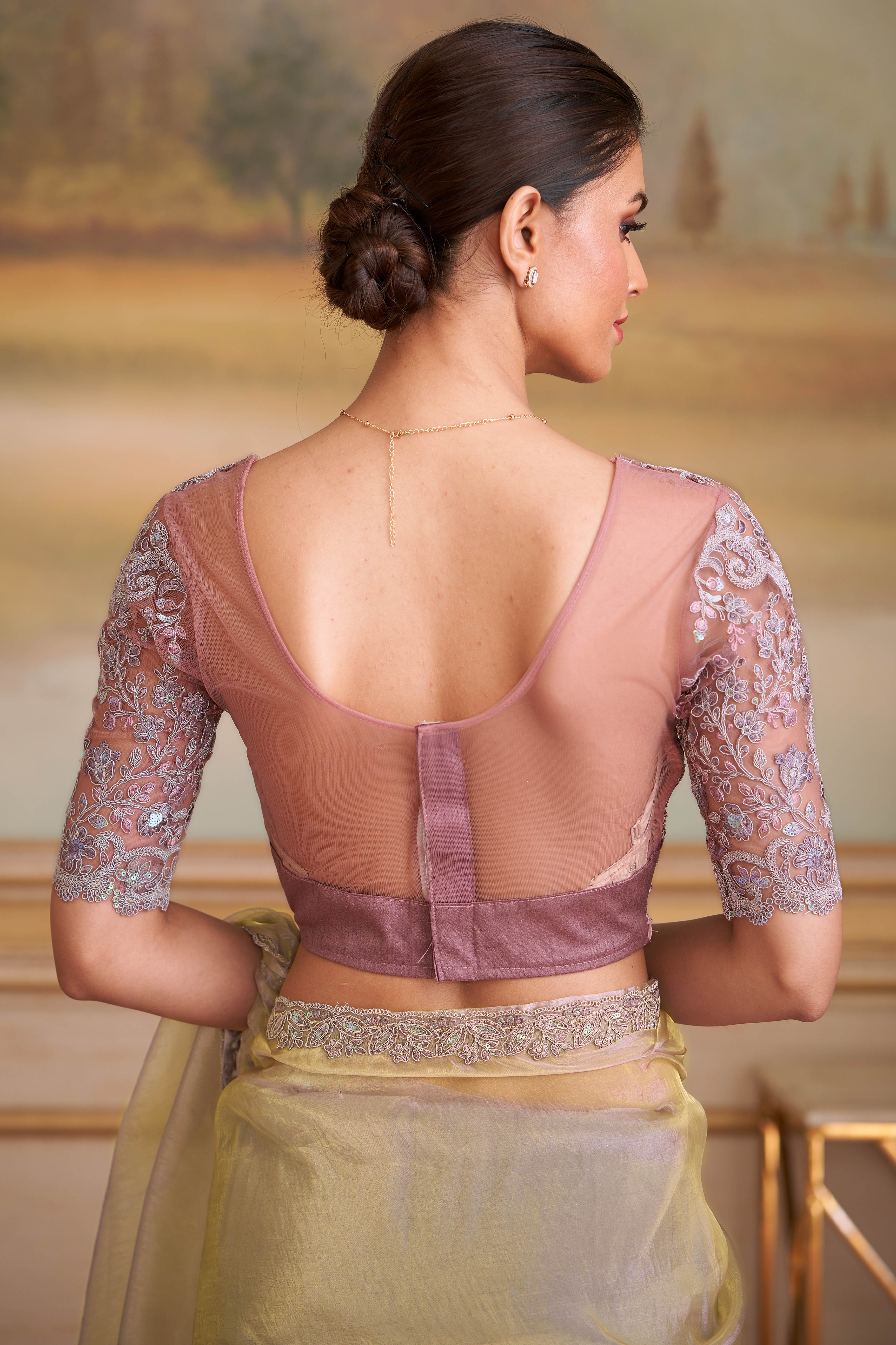 Elegant Beige Tissue Silk Saree Enhanced With Floral Sequins Embroidered Lace Border