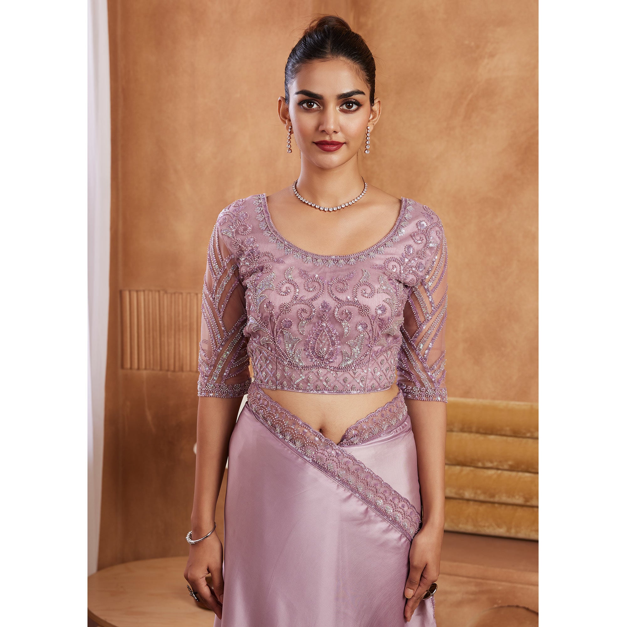Pastel Purple Sequins Embroidered Satin Silk Saree