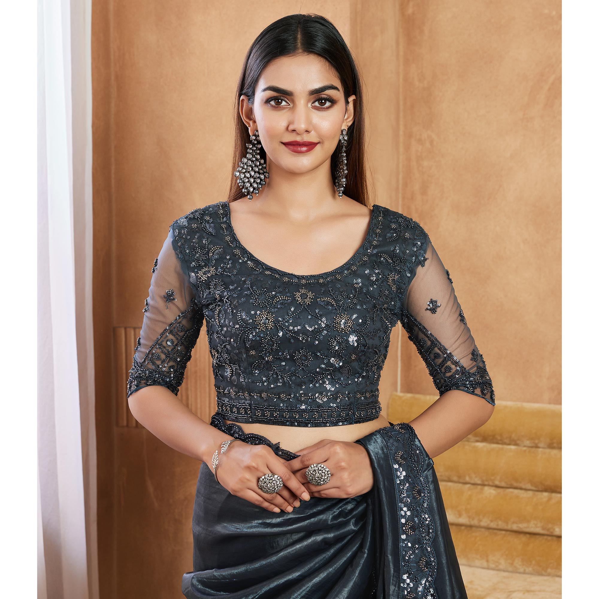 Black Sequins Embroidered Satin Silk Saree