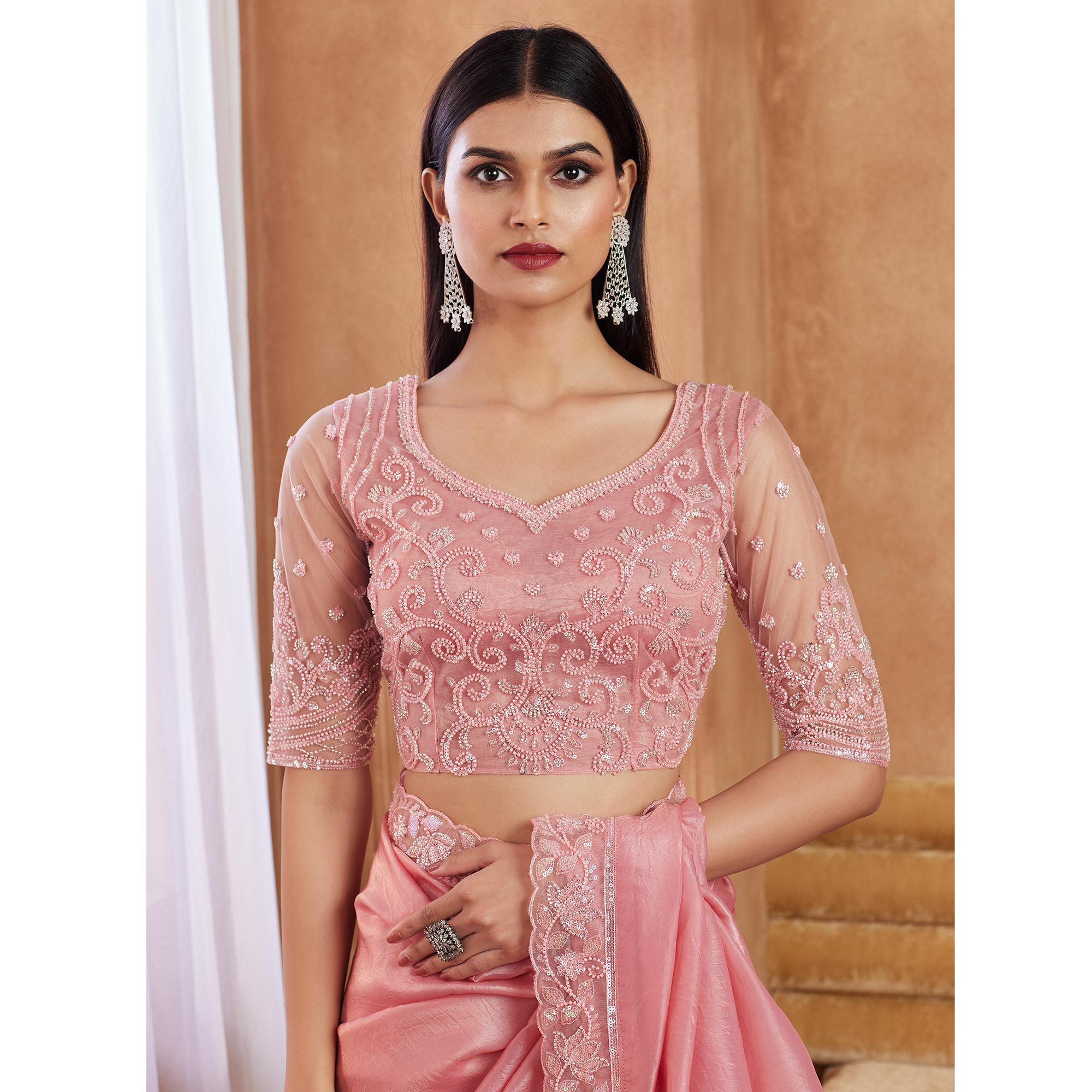 Pink Sequins Embroidered Satin Silk Saree