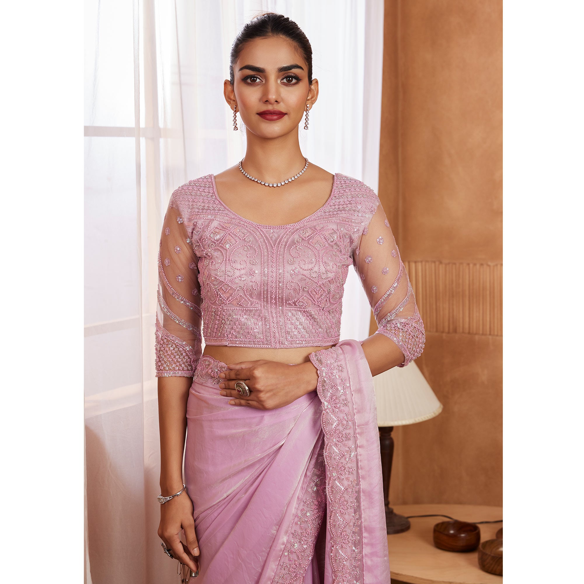 Light Pink Sequins Embroidered Satin Silk Saree