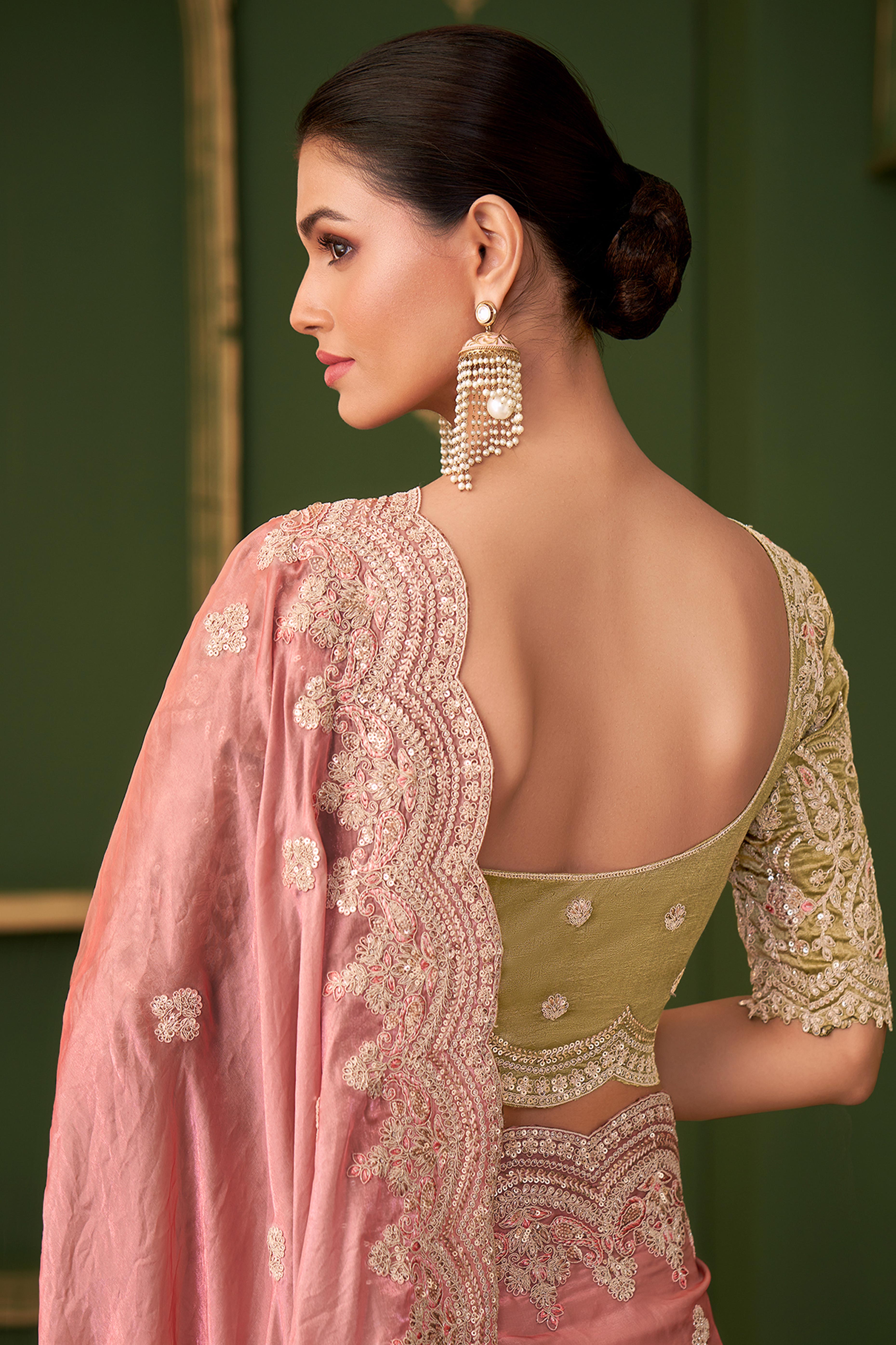 Graceful Peach Georgette Saree Adorned With Floral Cording Sequins Embroidery & Cutwork Border