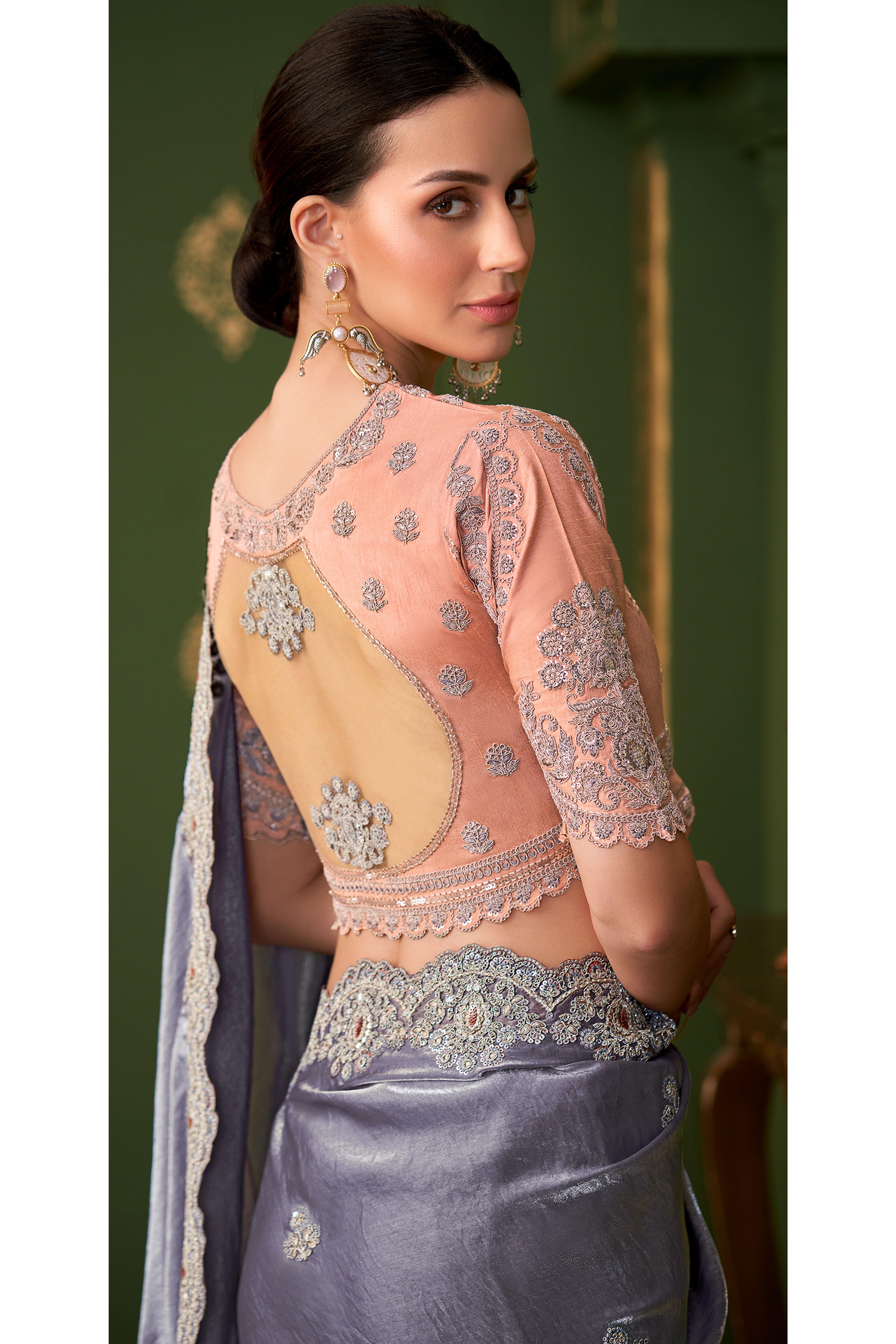 Stunning Bluish Grey Georgette Saree Adorned With Floral Cording Sequin Embroidery & Cutwork Border