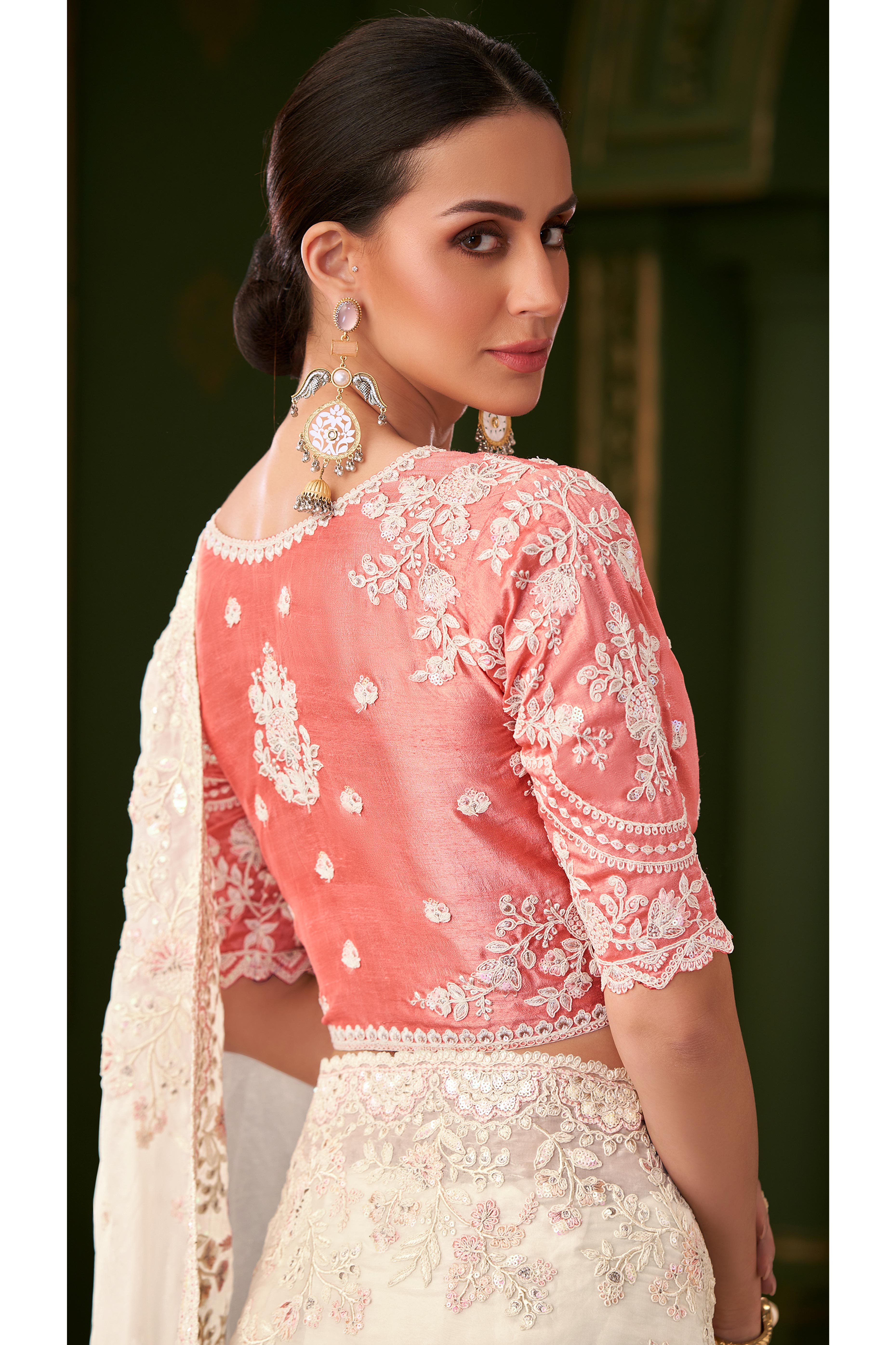 Radiant White Georgette Saree Adorned With Floral Cording Sequins Embroidery & Cutwork Border