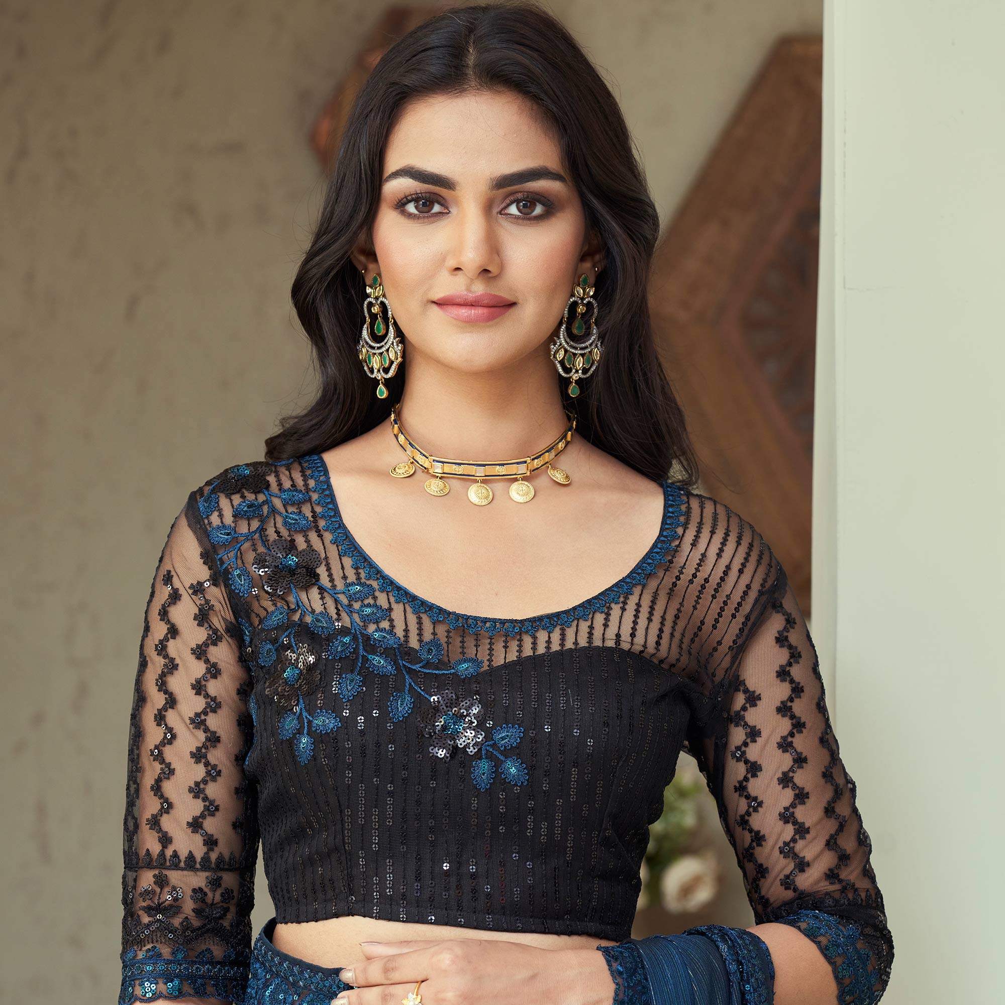 Blue Sequins Embroidered Georgette Saree
