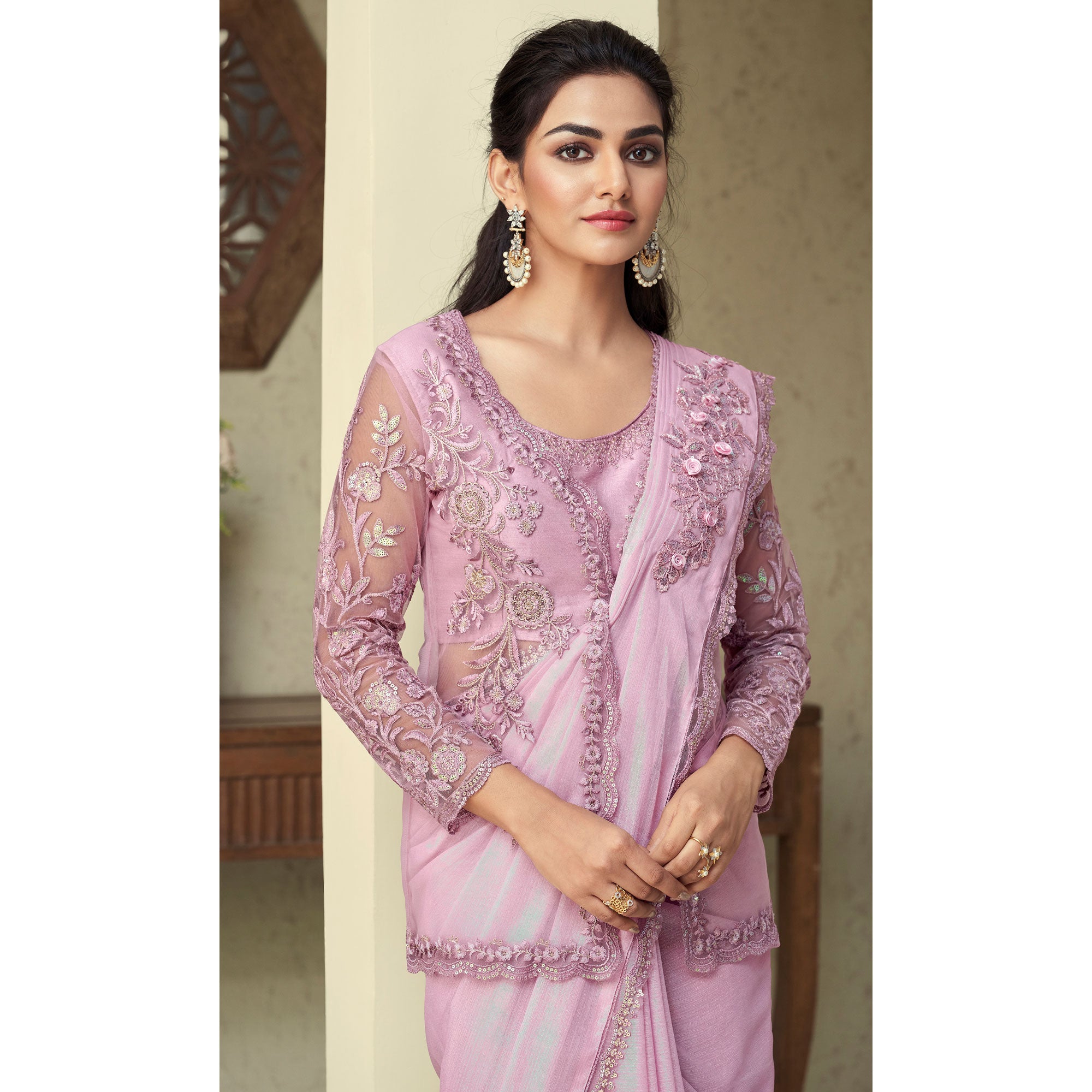 Light Pink Sequins Embroidered Georgette Saree