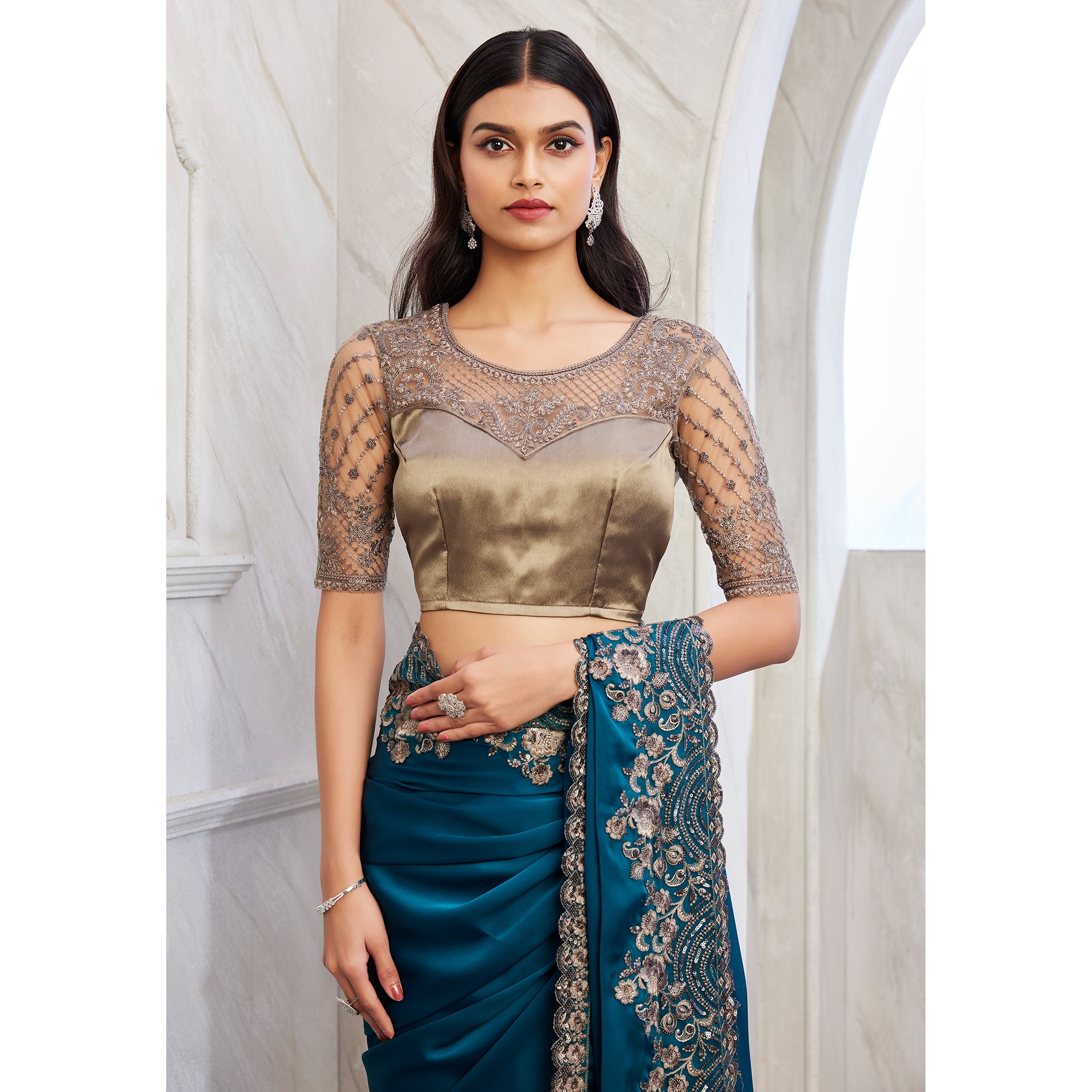 Teal Floral Sequins Embroidered Georgette Saree