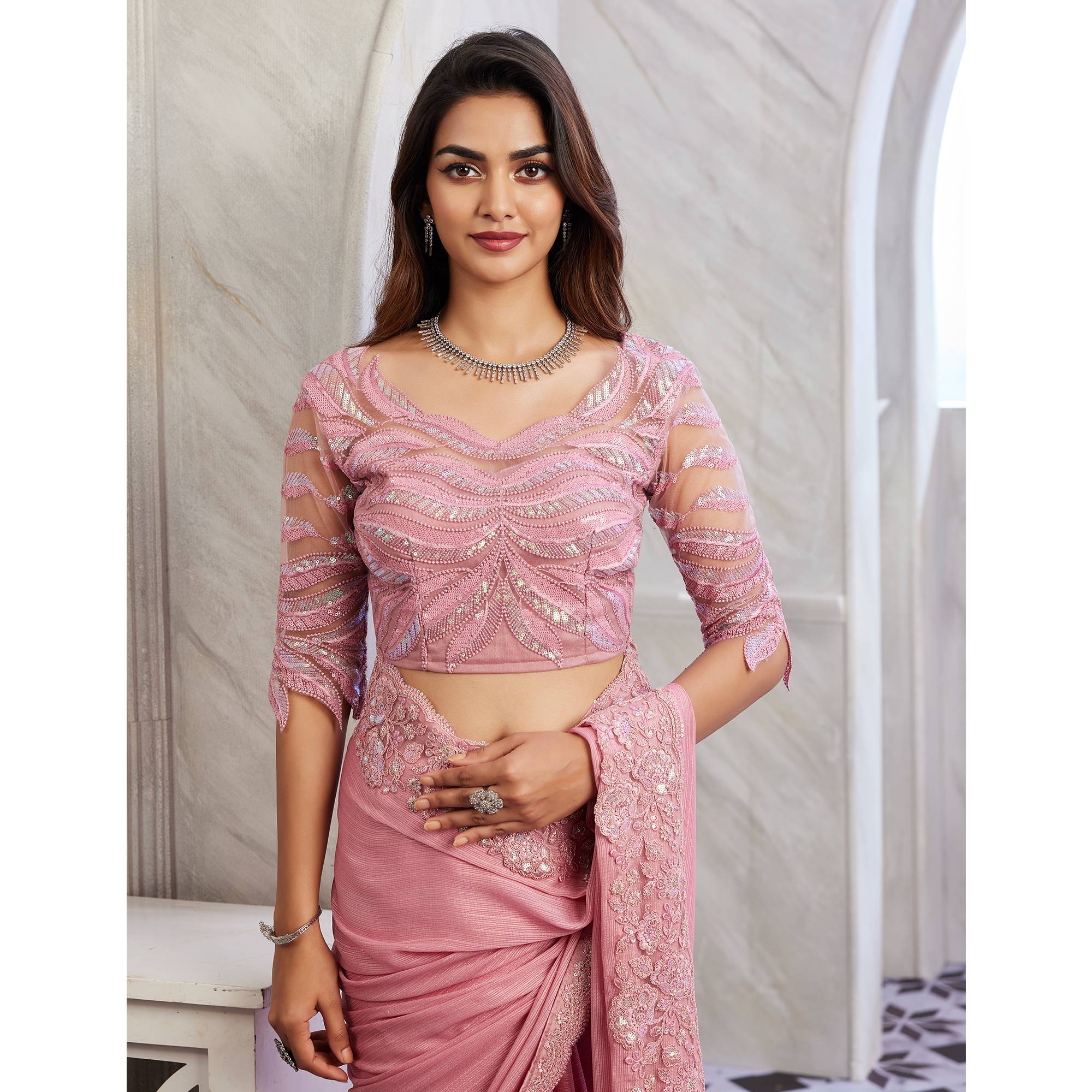 Dusty Pink Floral Sequins Embroidered Georgette Saree