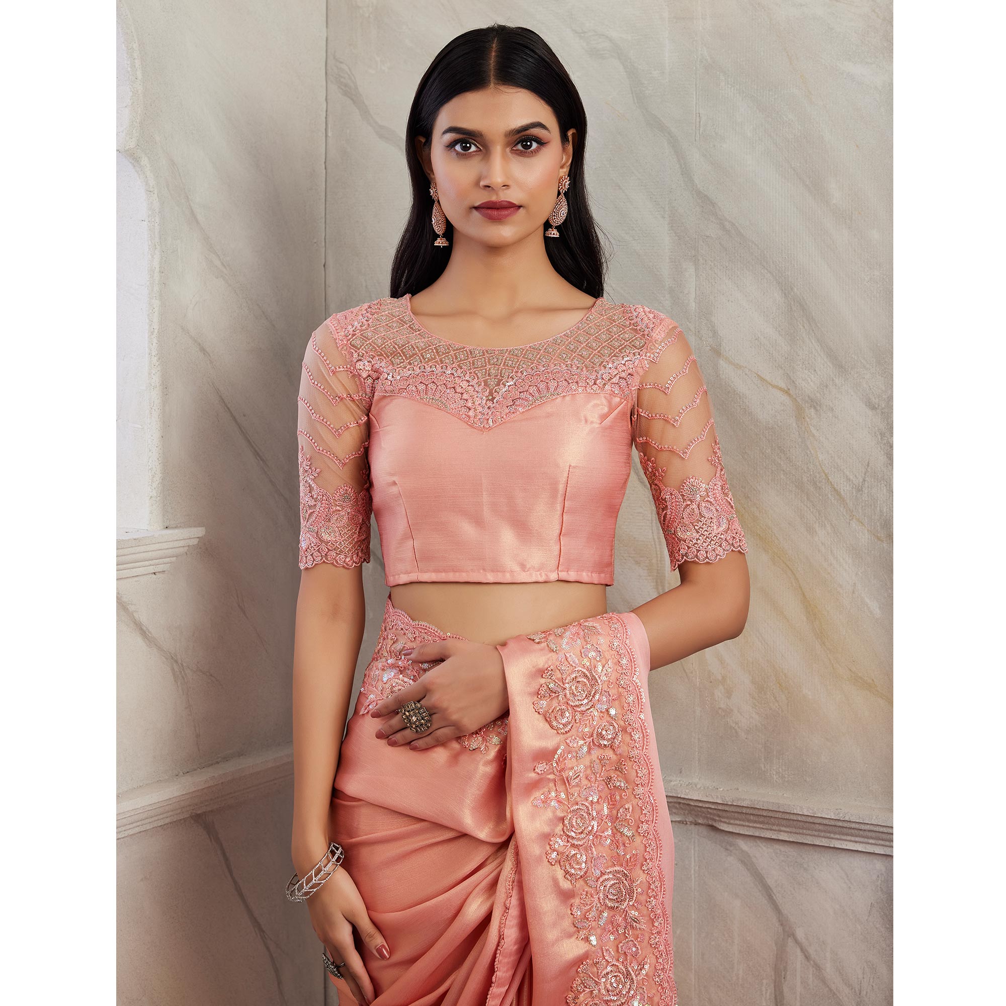 Peach Floral Sequins Embroidered Chiffon Saree