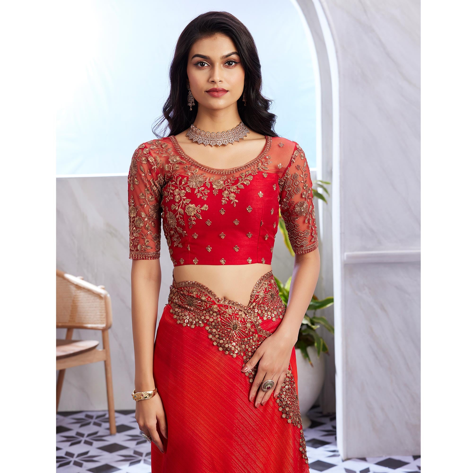 Red & Orange Floral Sequins Embroidered Chiffon Saree