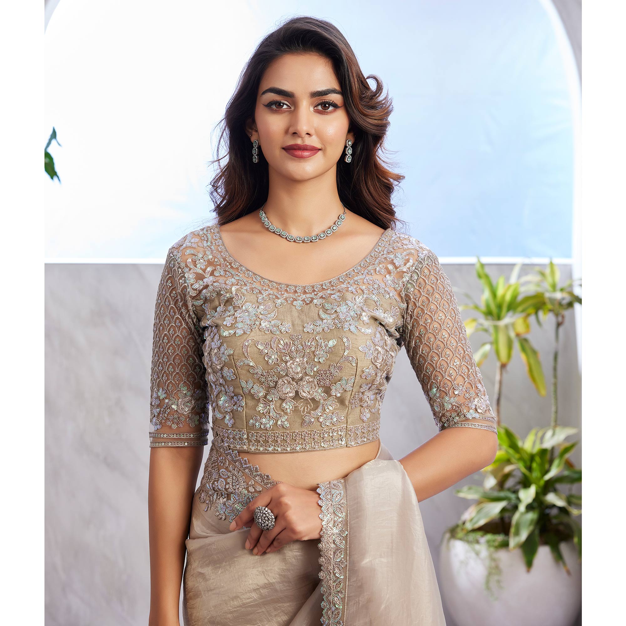 Beige Floral Sequins Embroidered Georgette Saree