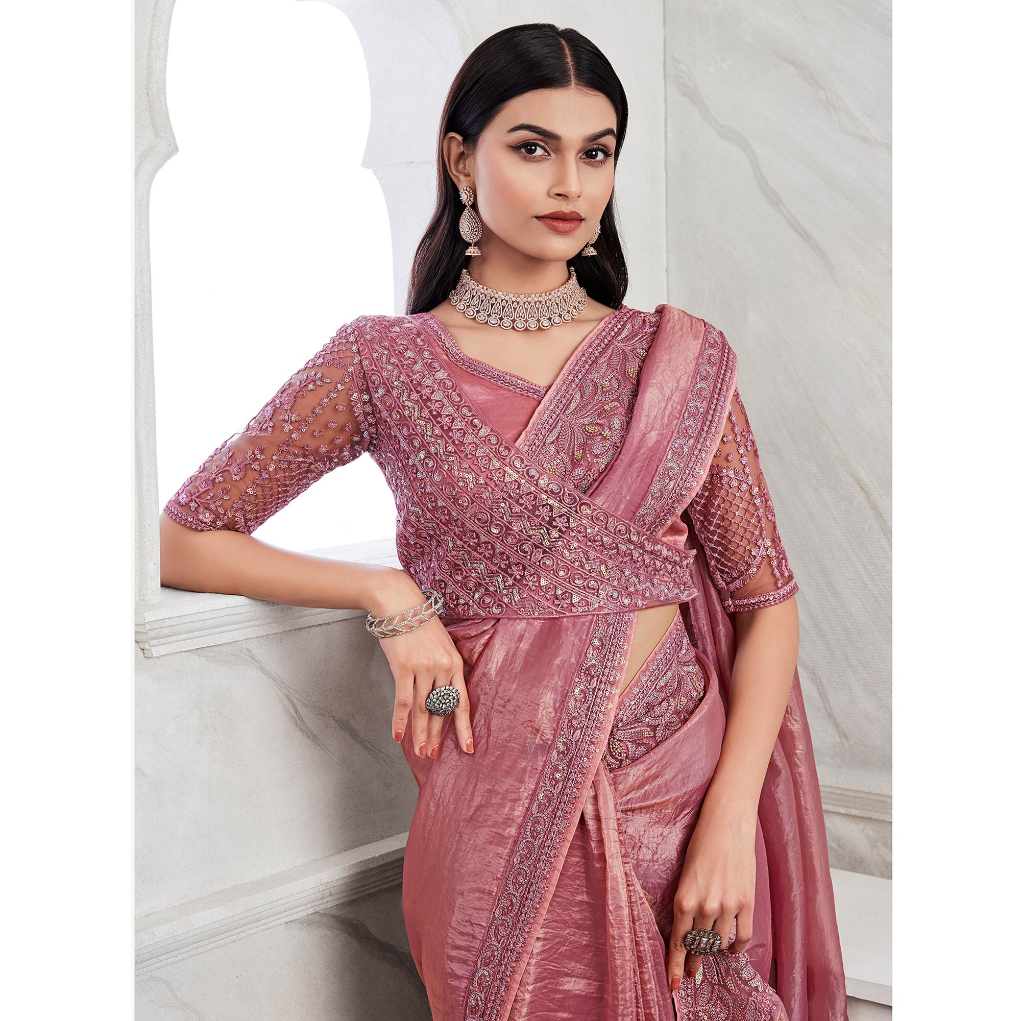 Mauve Floral Sequins Embroidered Georgette Saree