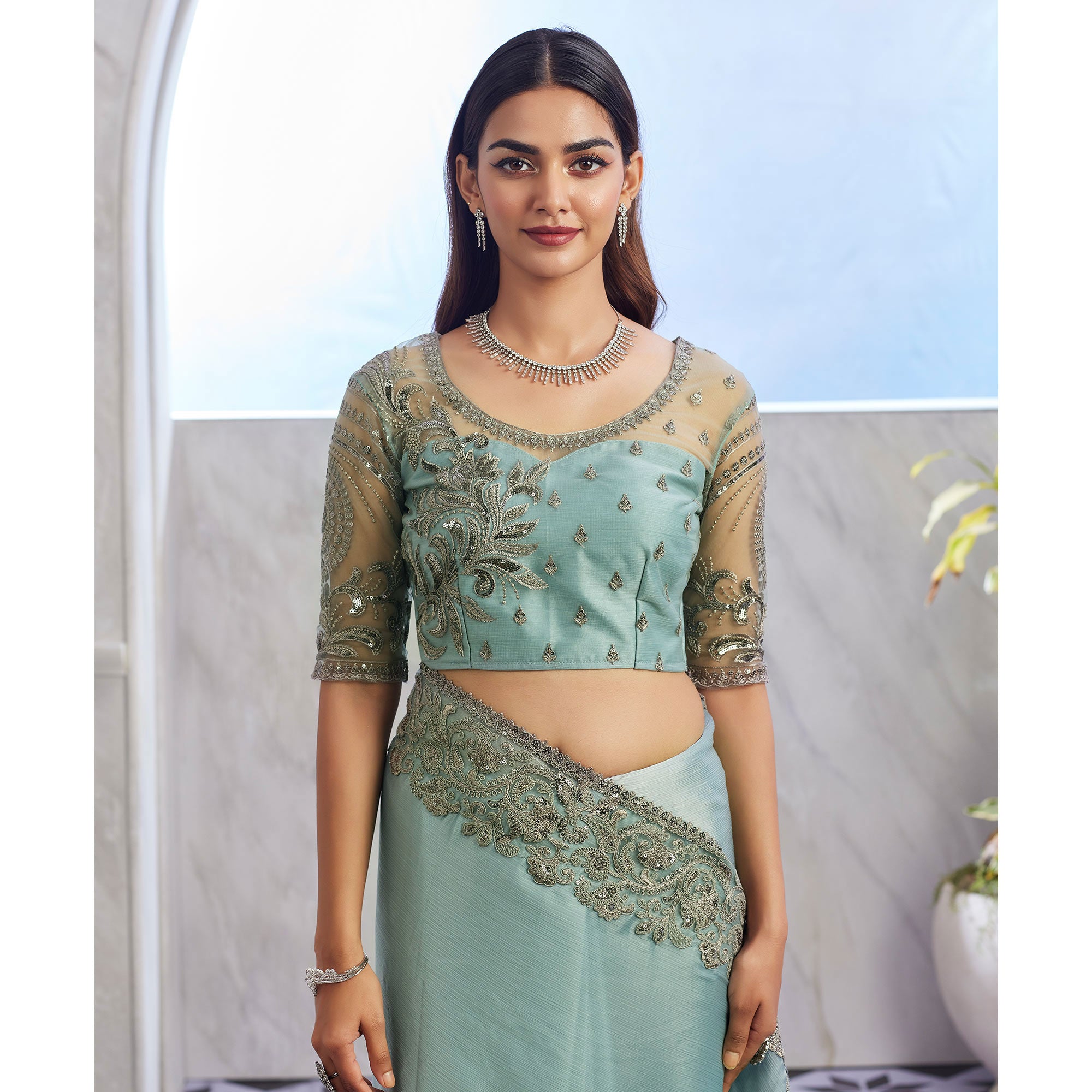 Sea Green Floral Sequins Embroidered Chiffon Saree