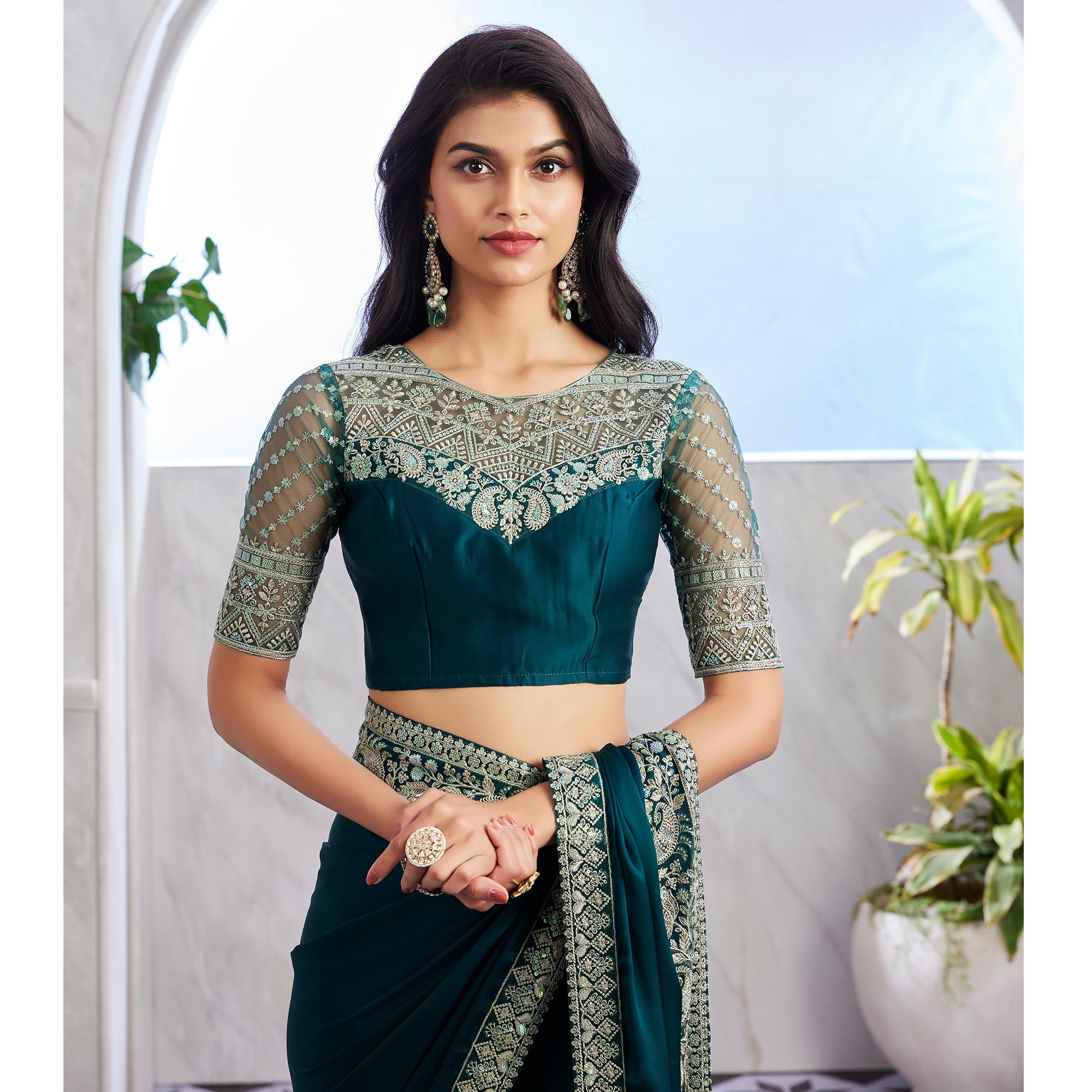 Green Floral Sequins Embroidered Satin Saree