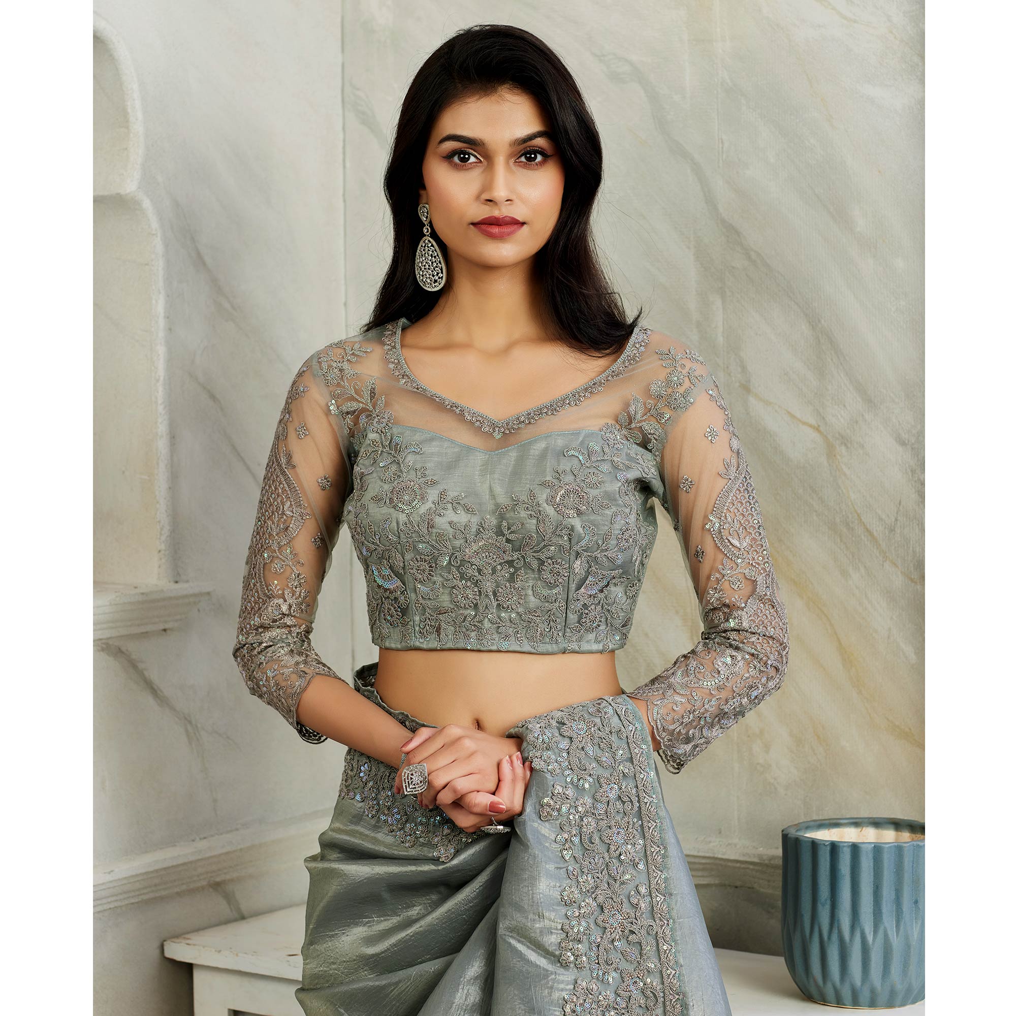 Grey Floral Sequins Embroidered Georgette Saree