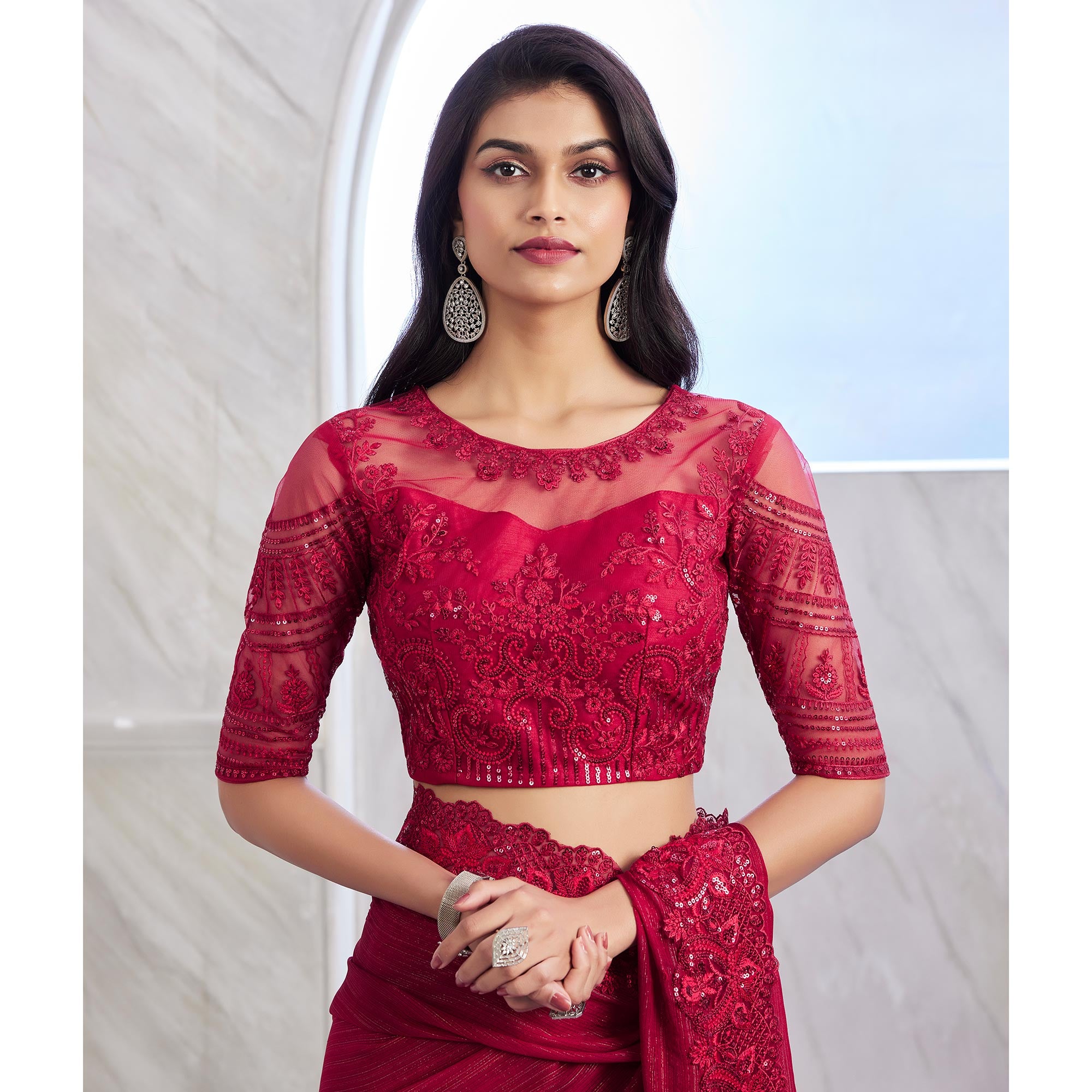 Rani Pink Floral Sequins Embroidered Chiffon Saree