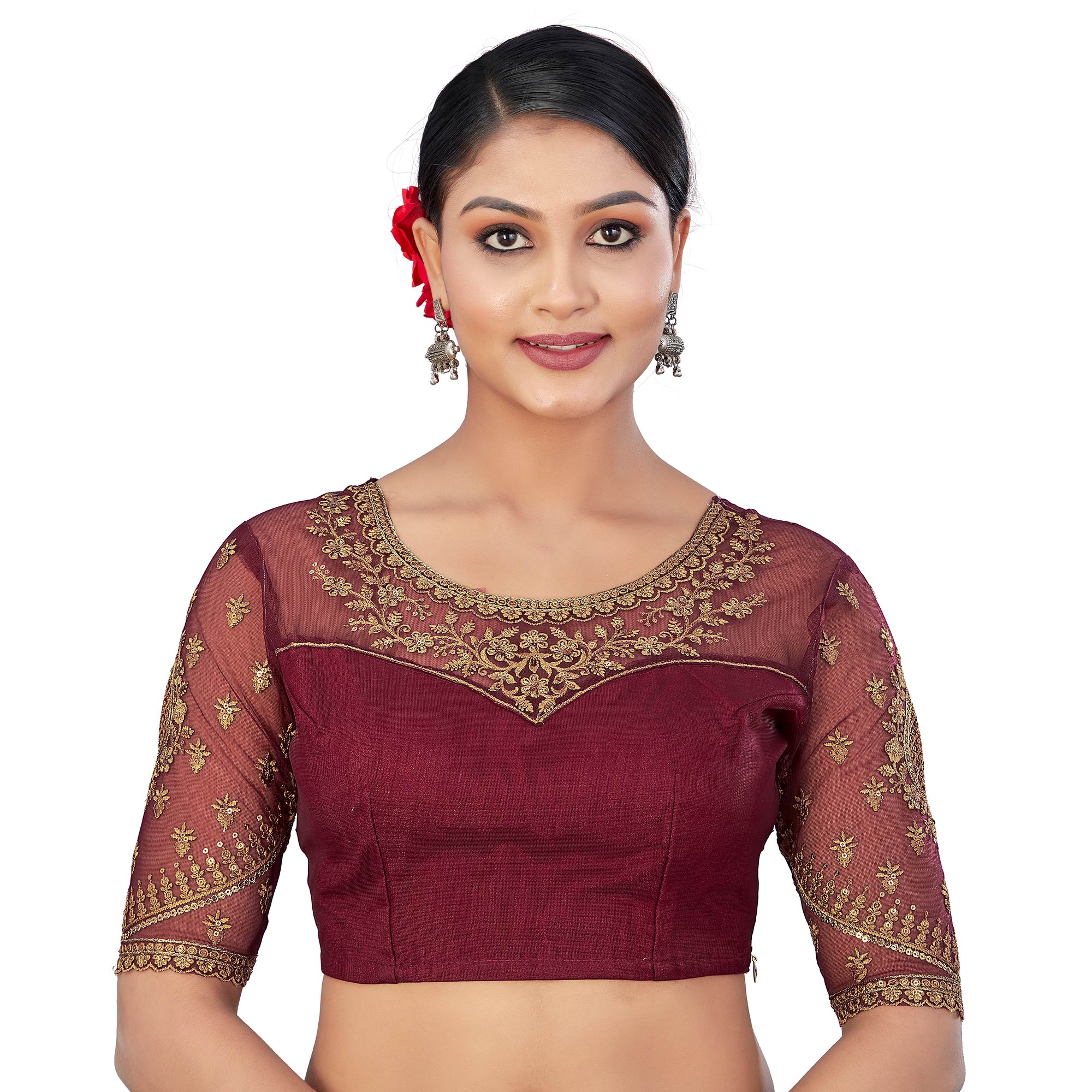 Navy Blue Floral Sequin Embroidered Crepe Saree