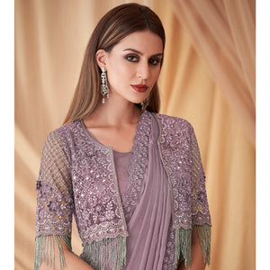 Lavender Embroidered Satin Saree With Jacket