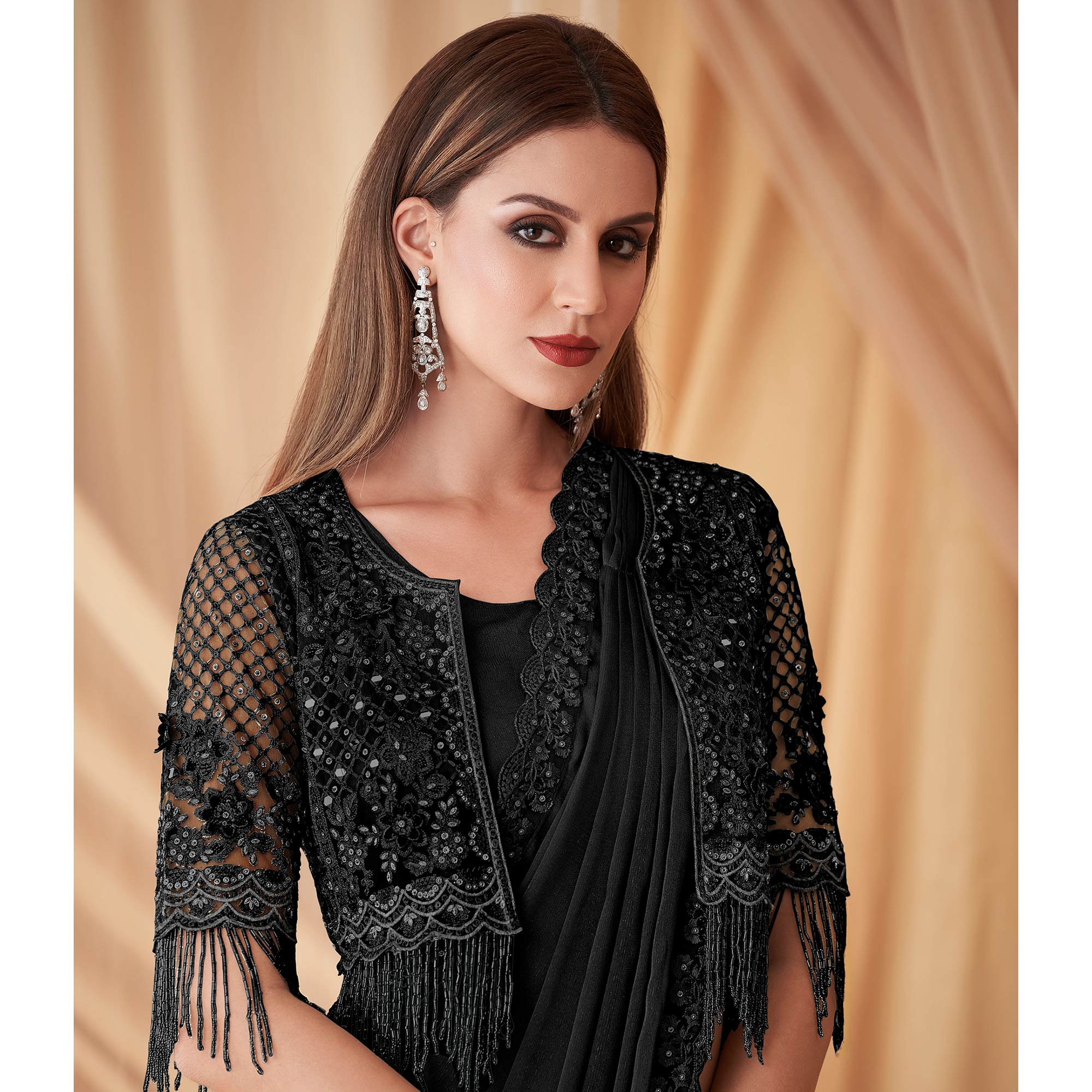 Black Embroidered Satin Saree With Jacket
