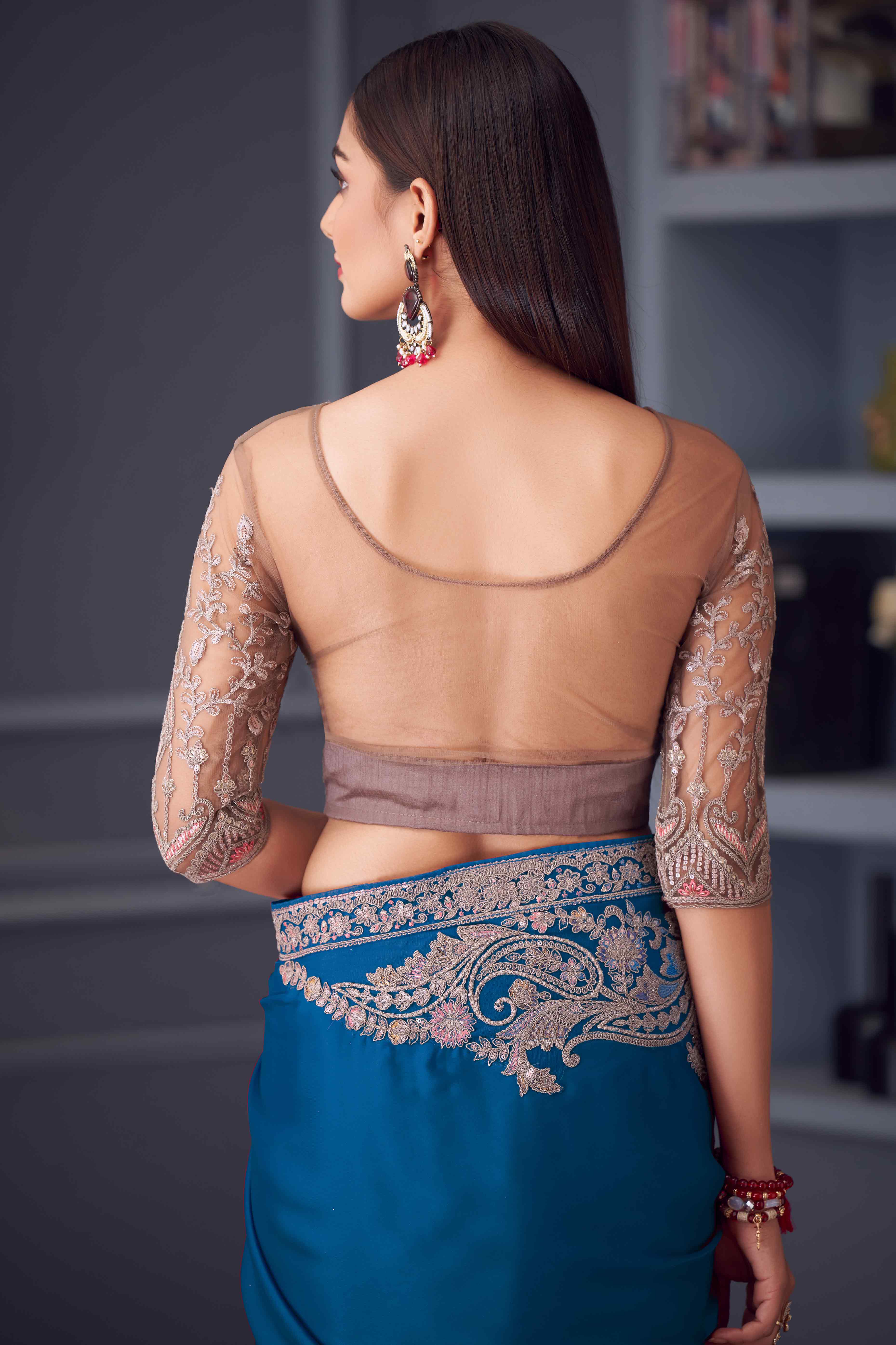 Blue Satin Saree Embellished with Sequin Work