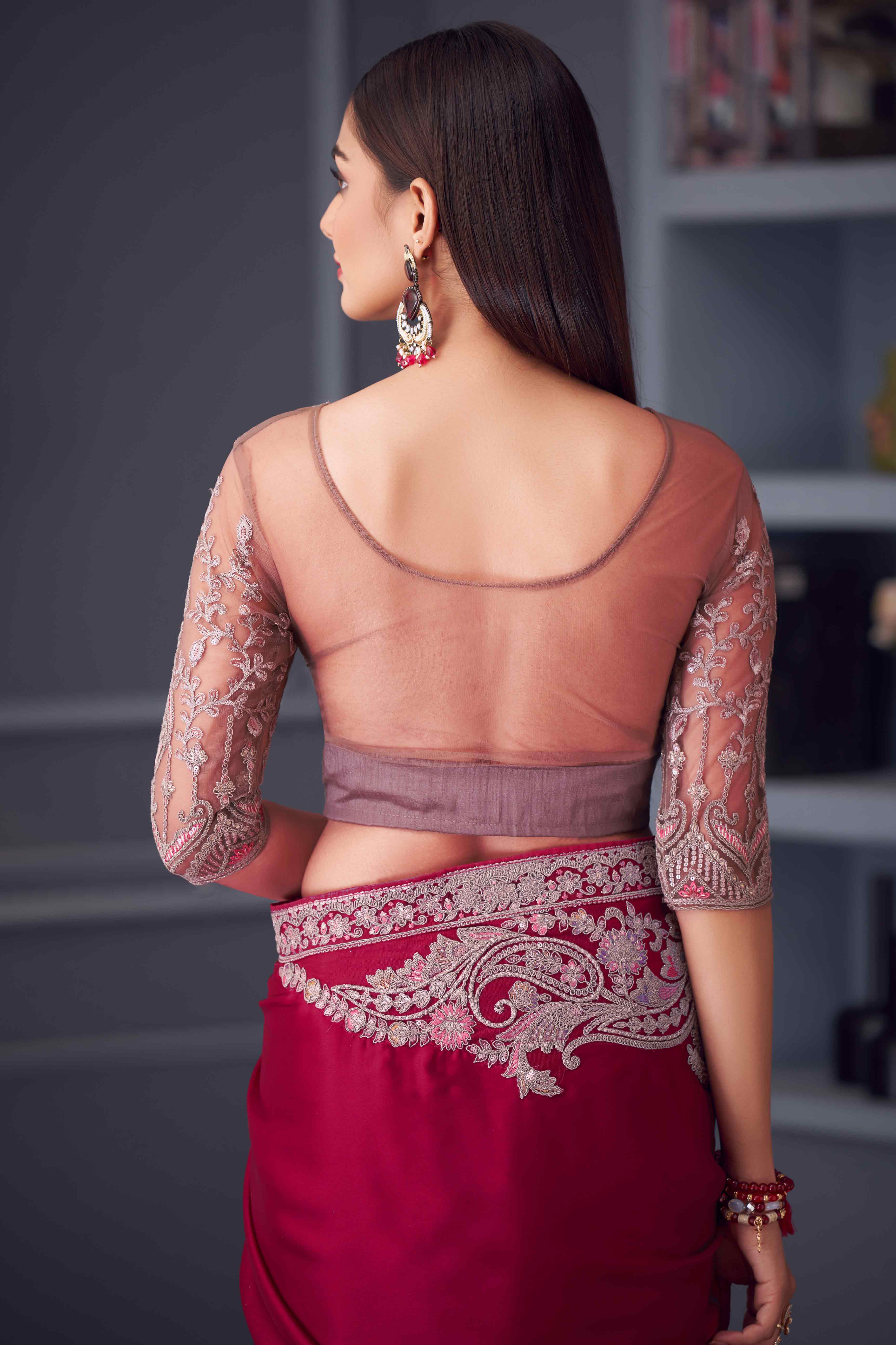Pink Satin Saree Embellished with Sequin Work