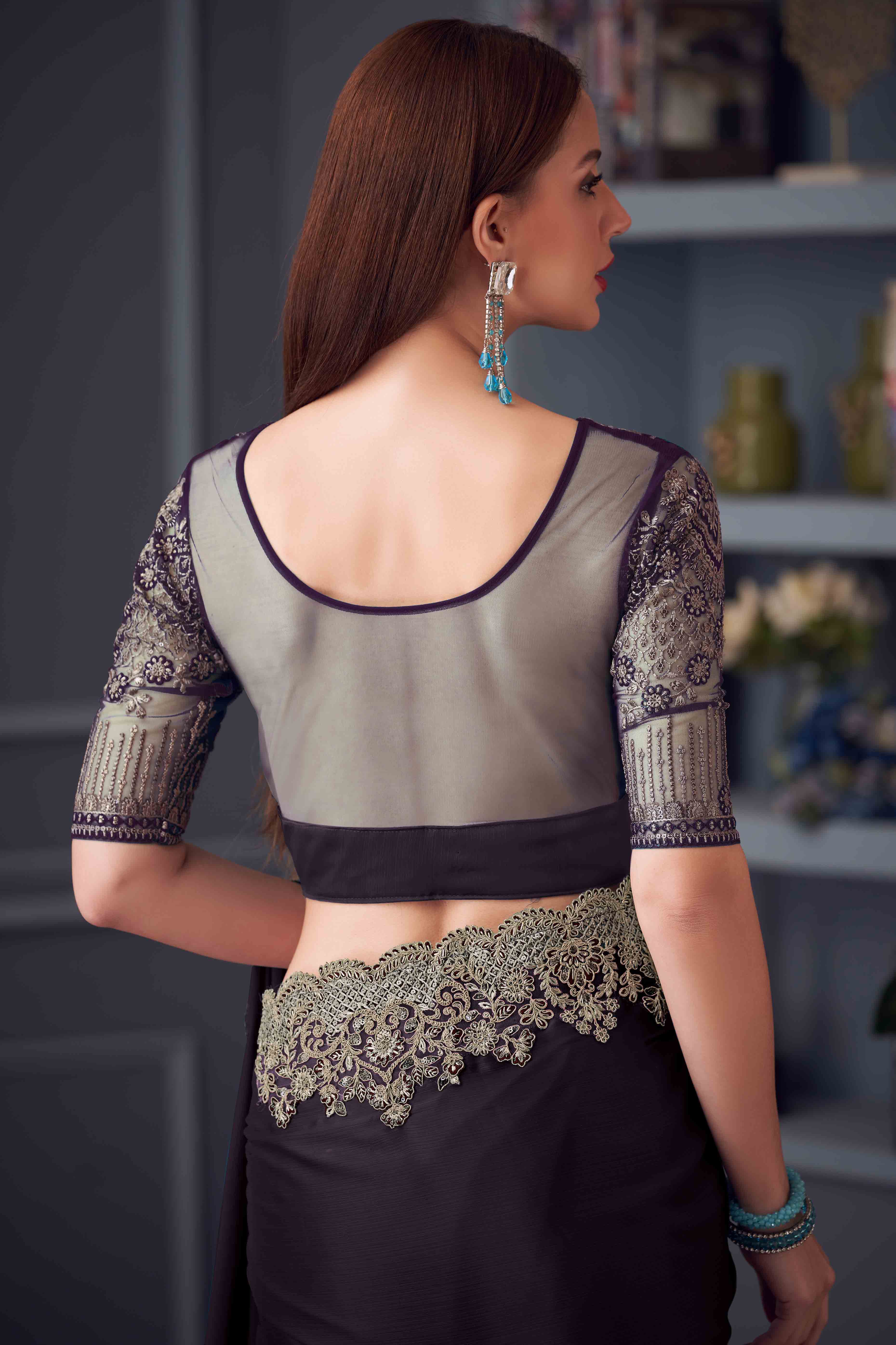 Wine Chiffon Saree with Embellished Border