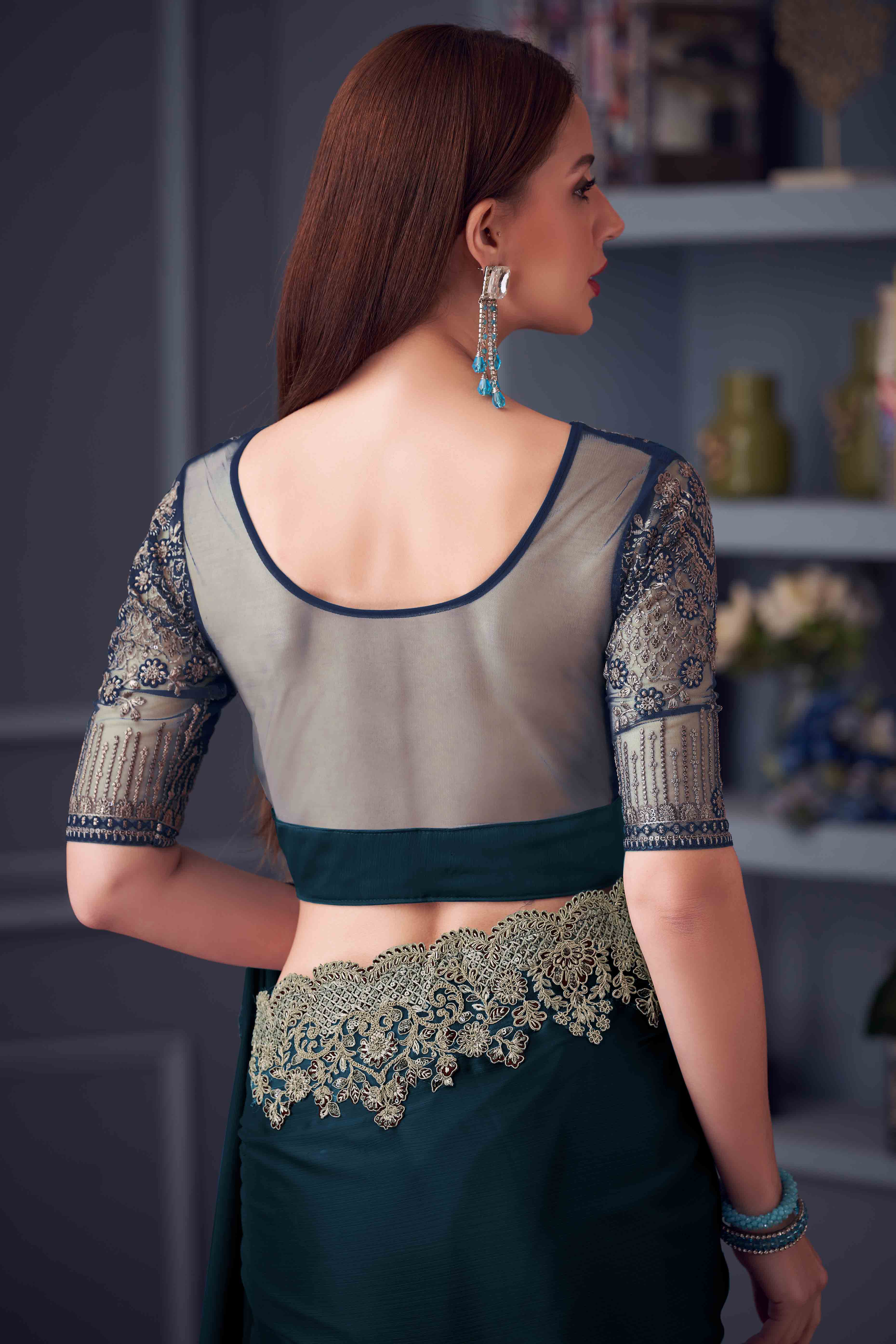 Morpich Green Chiffon Saree with Embellished Border