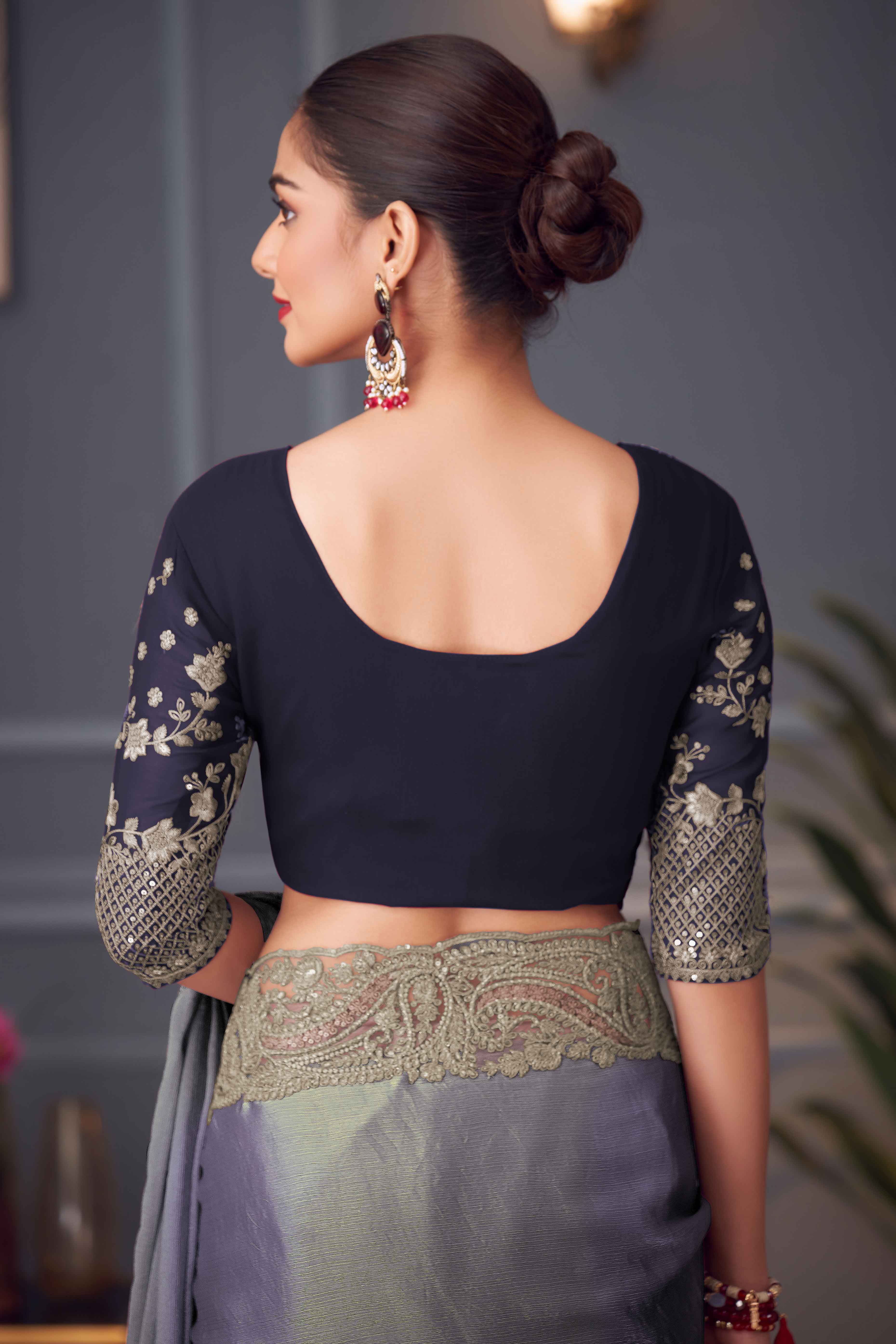 Bluish Grey Partywear Chiffon Saree with Ornate Border Detailing