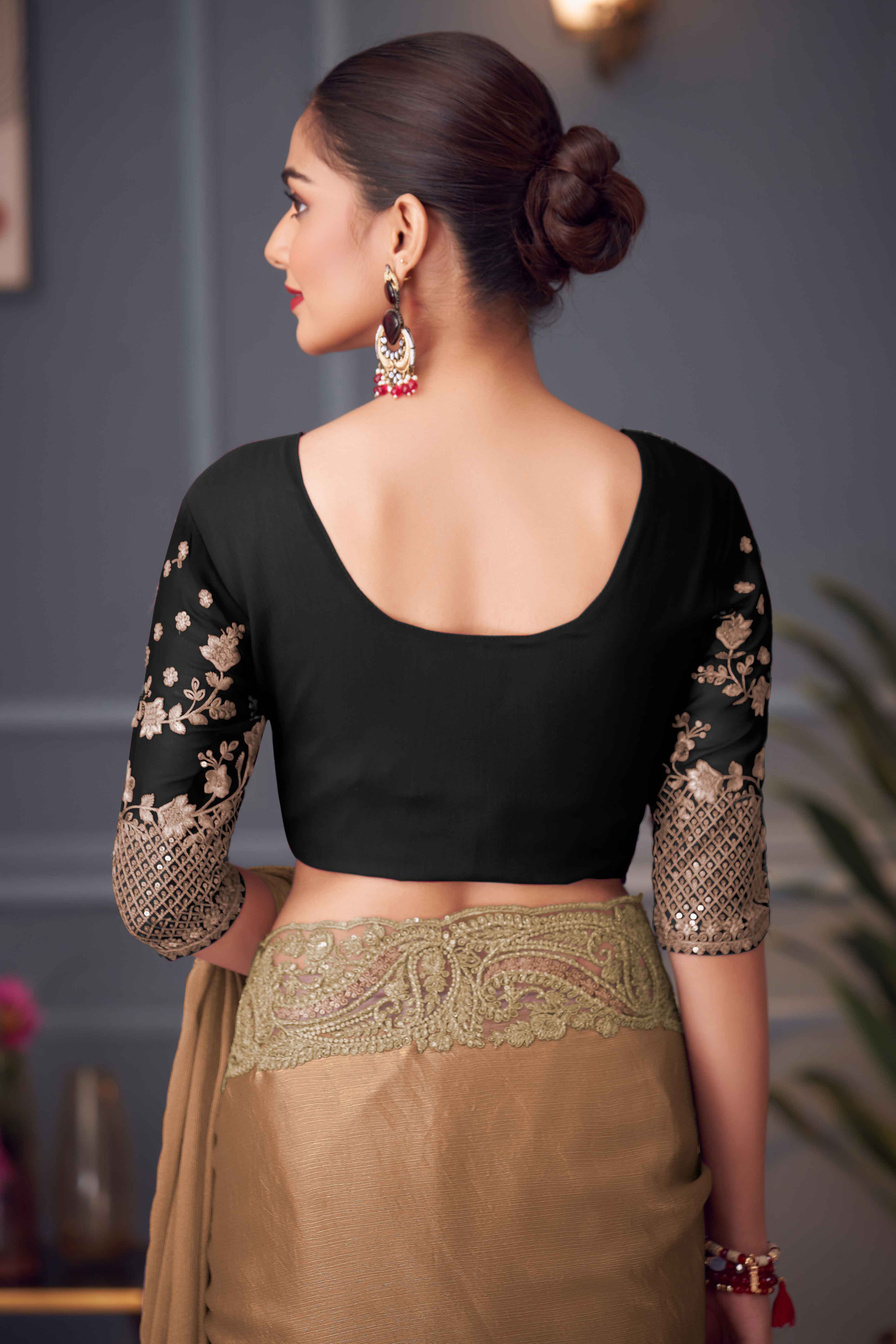 Brown Partywear Chiffon Saree with Ornate Border Detailing