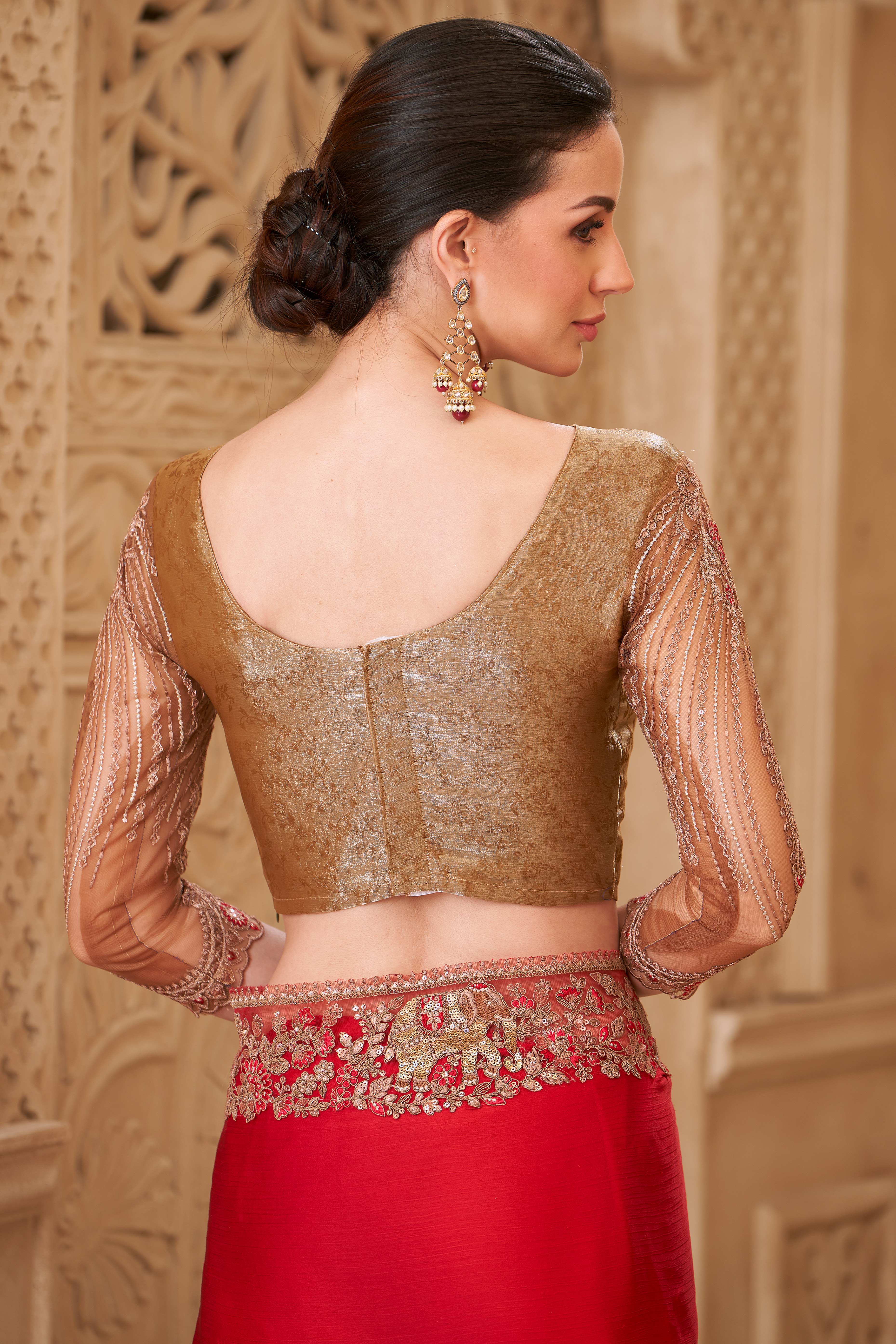 Designer Red Thread Embroidered Satin Saree with Sequin Highlights