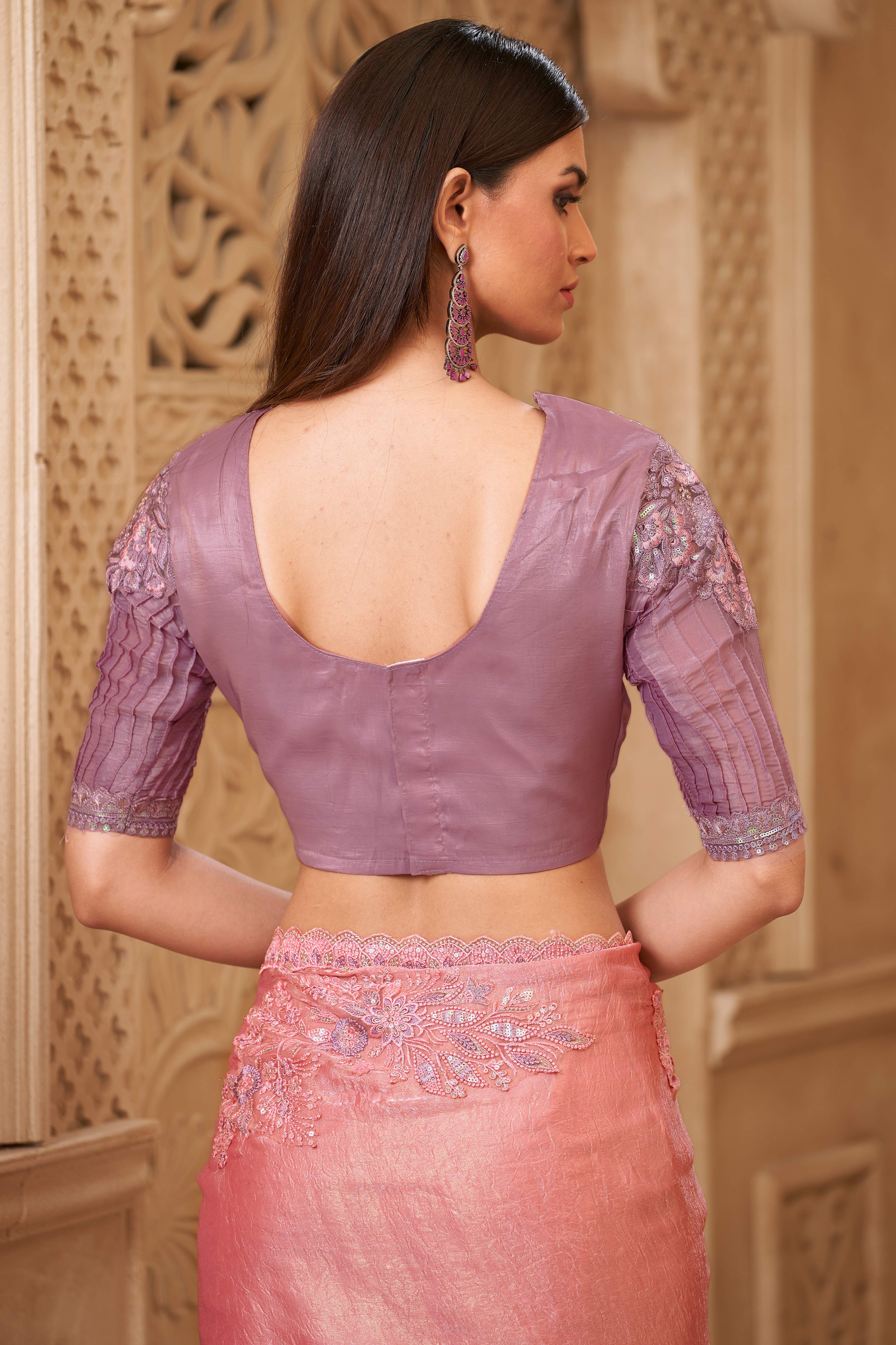 Shimmering Salmon Pink Georgette Saree with Graceful Thread Embellishment and Sequins