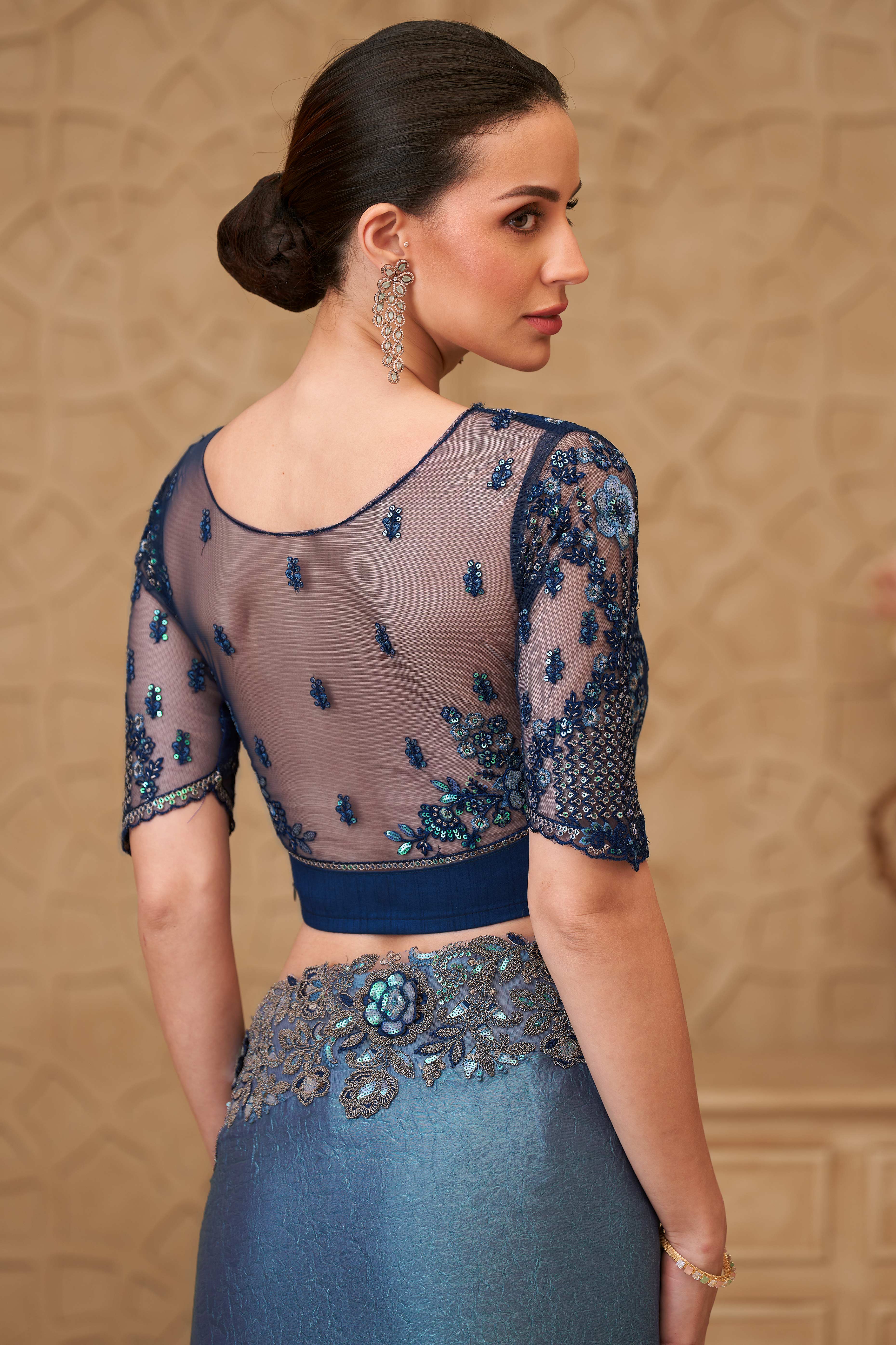 Shimmering Bluish Grey Georgette Saree with Graceful Thread Embellishment and Sequins