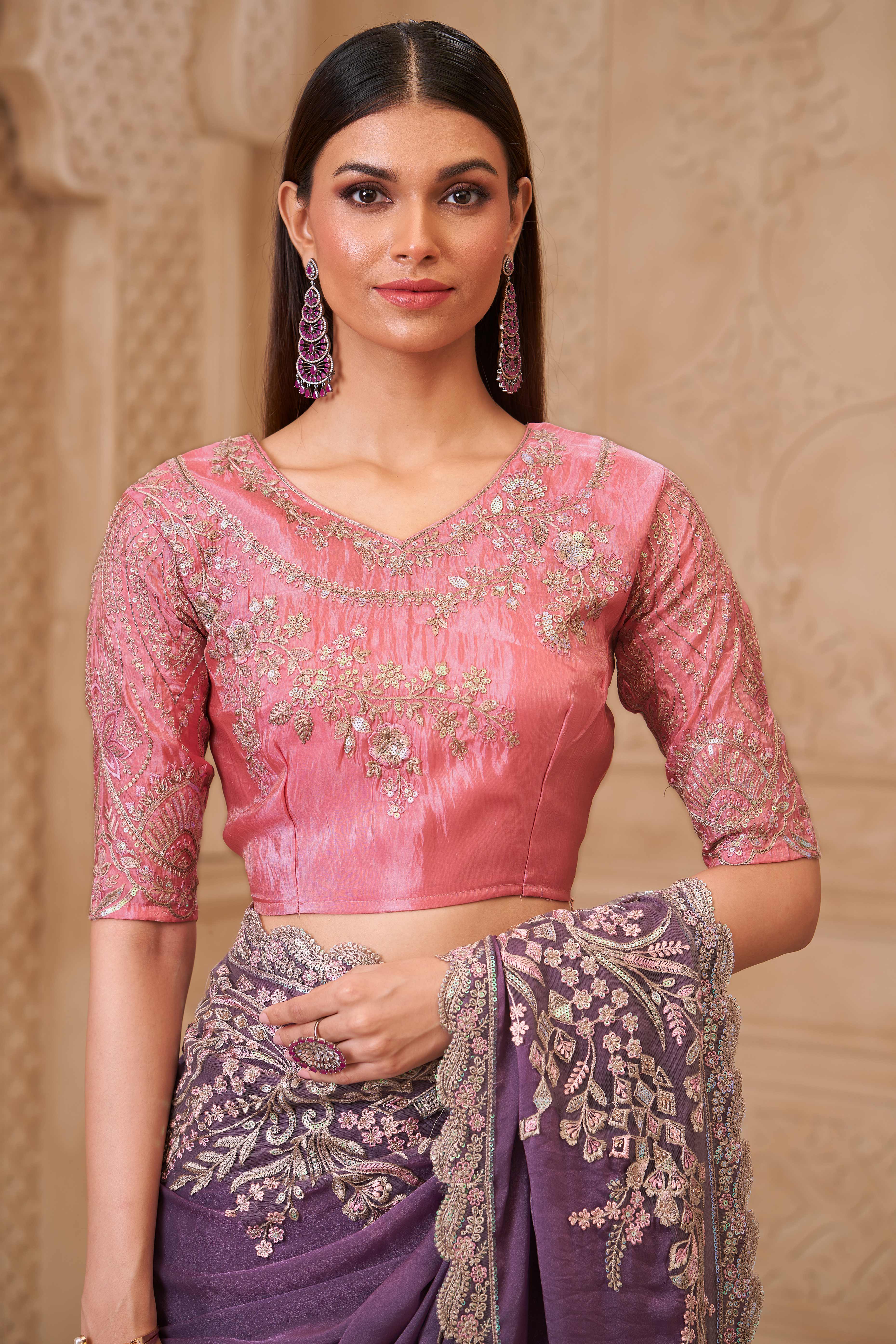 Designer Purple Thread Embroidered Satin Saree with Sequin Highlights