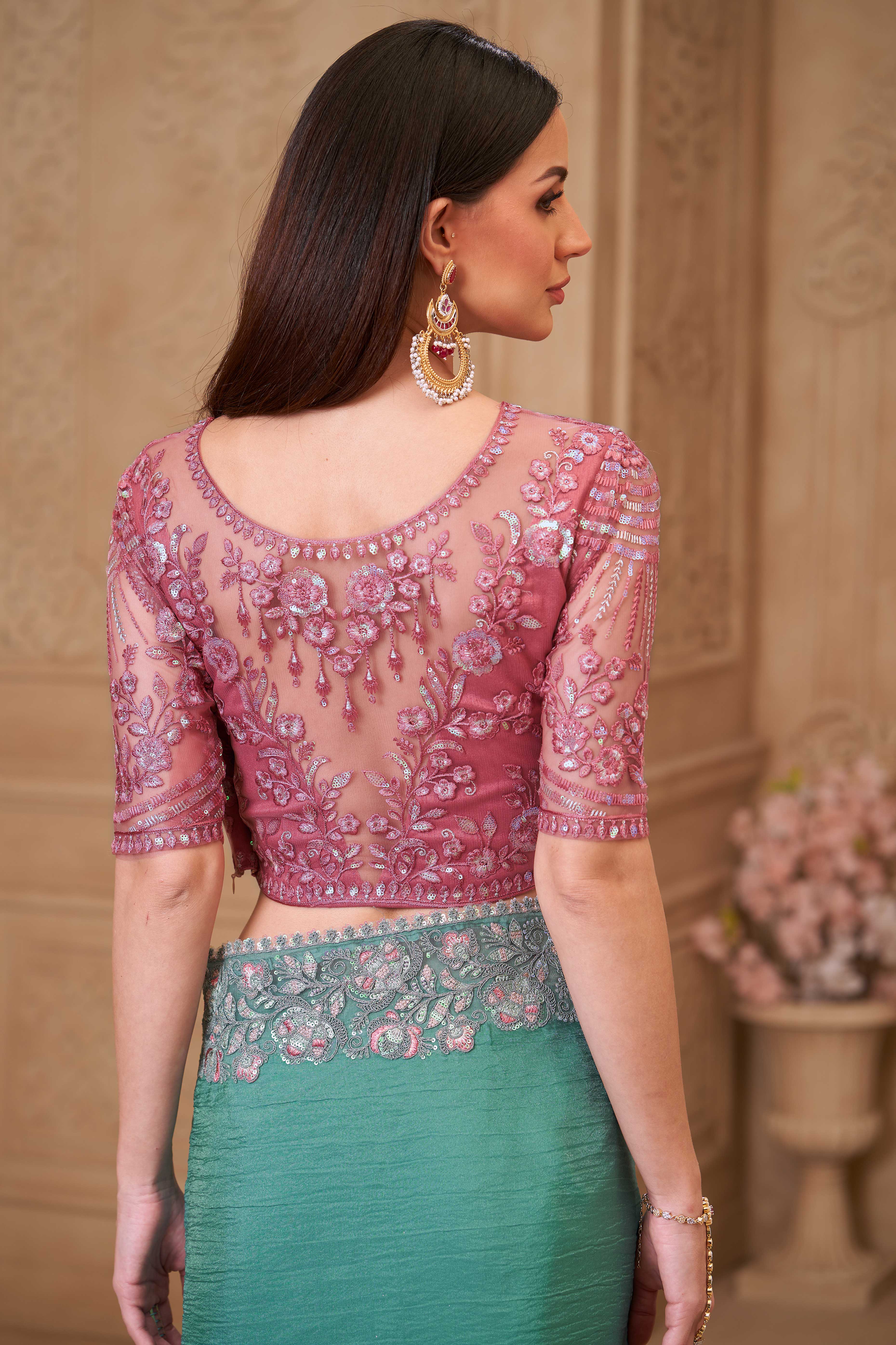 Stylish Sea Green Chiffon Saree Crafted with Sequin Detailing and Thread Embroidery