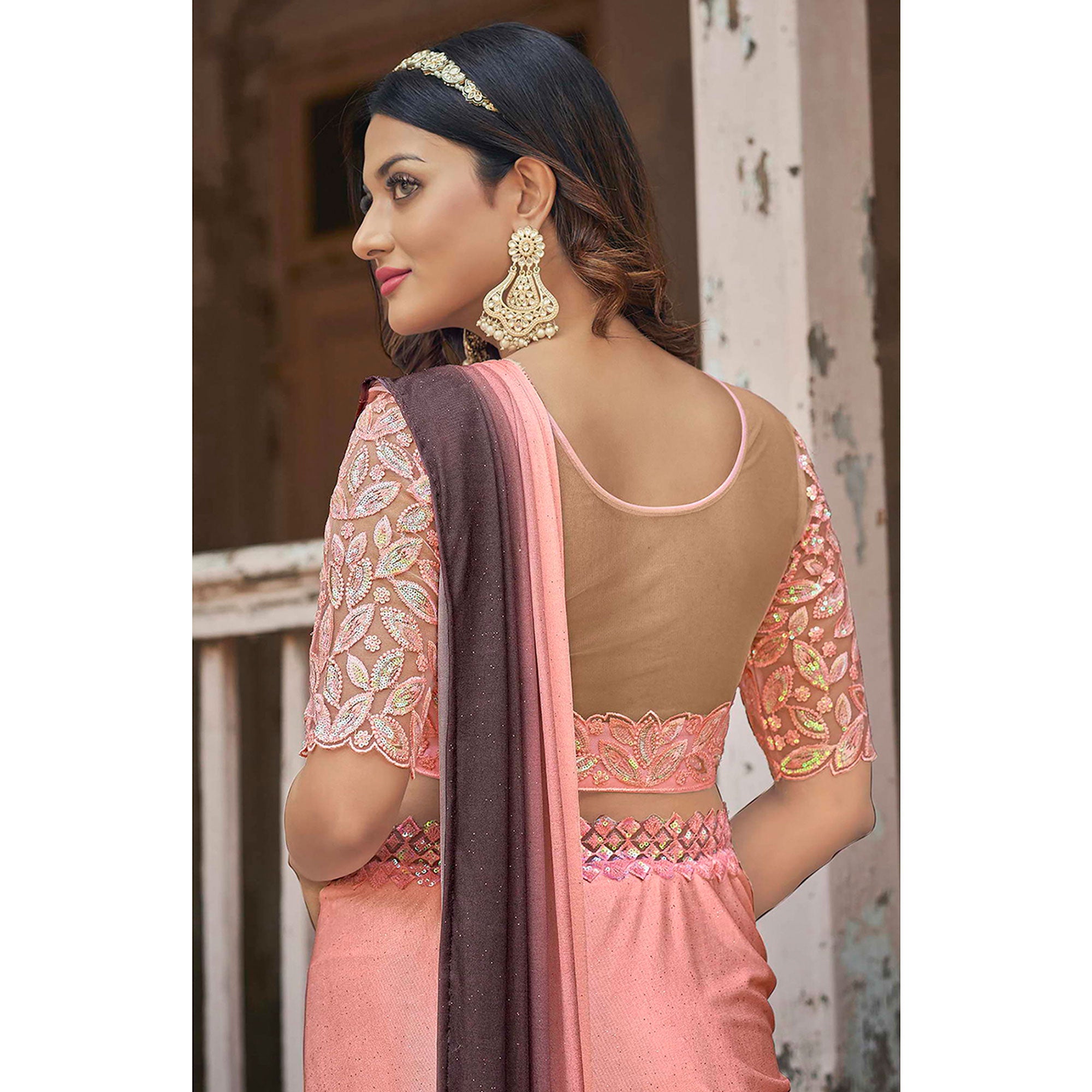 Peach Sequins Embroidered Ready To Wear Lycra Saree