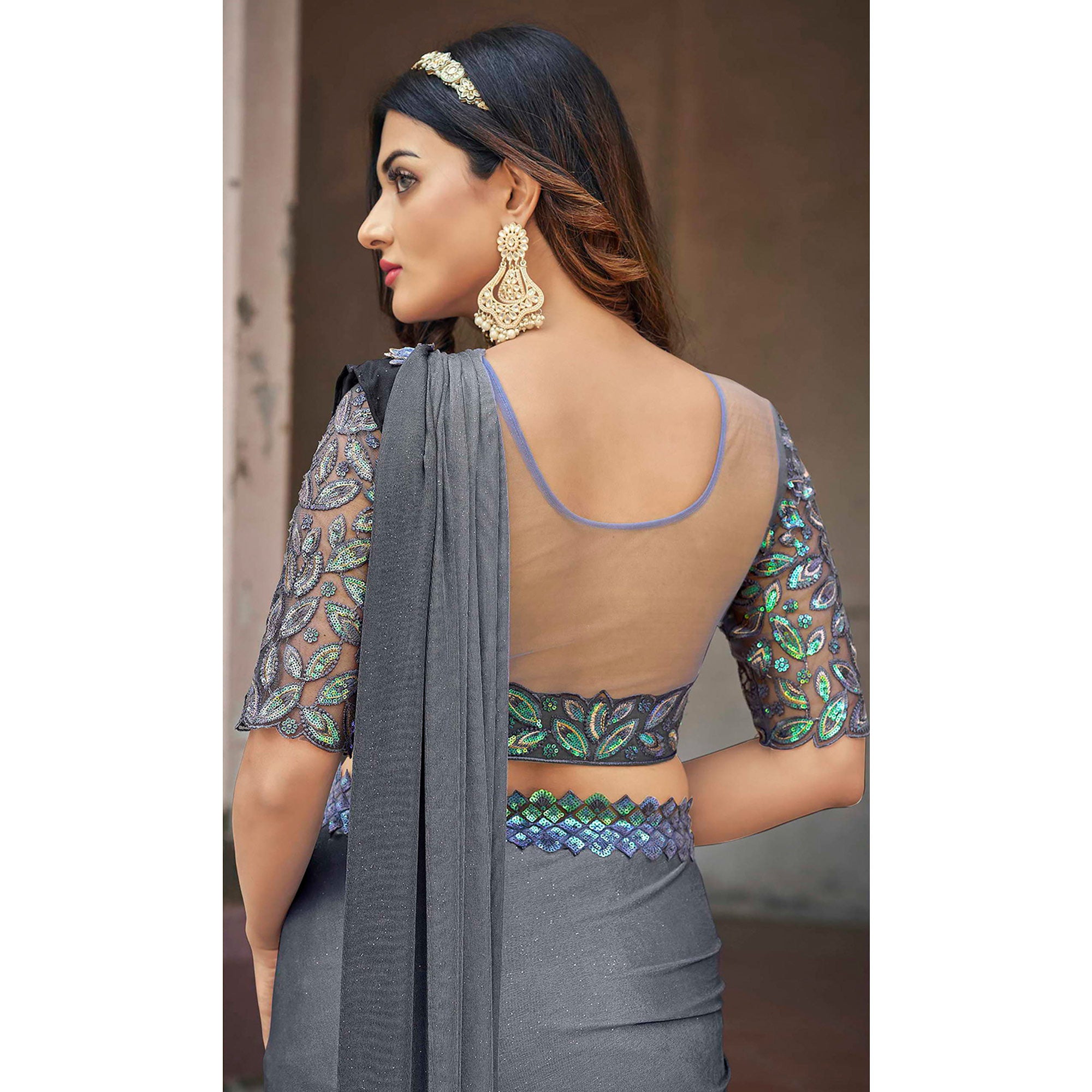 Grey Sequins Embroidered Ready To Wear Lycra Saree