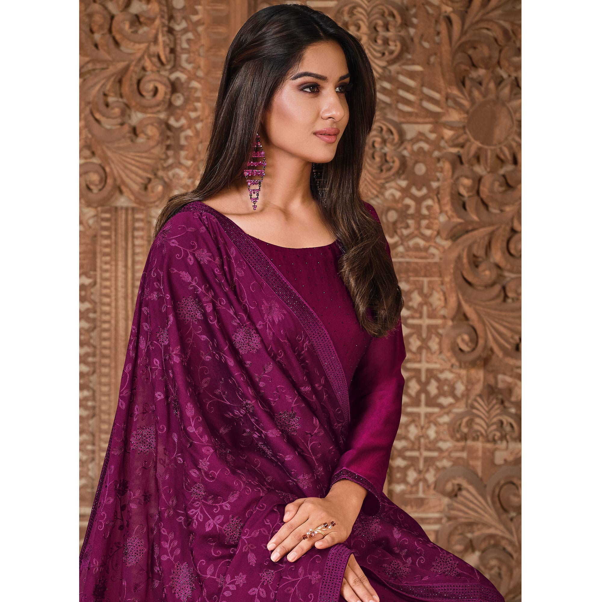 Magenta Diamond Work Georgette Semi Stitched Salwar Suit